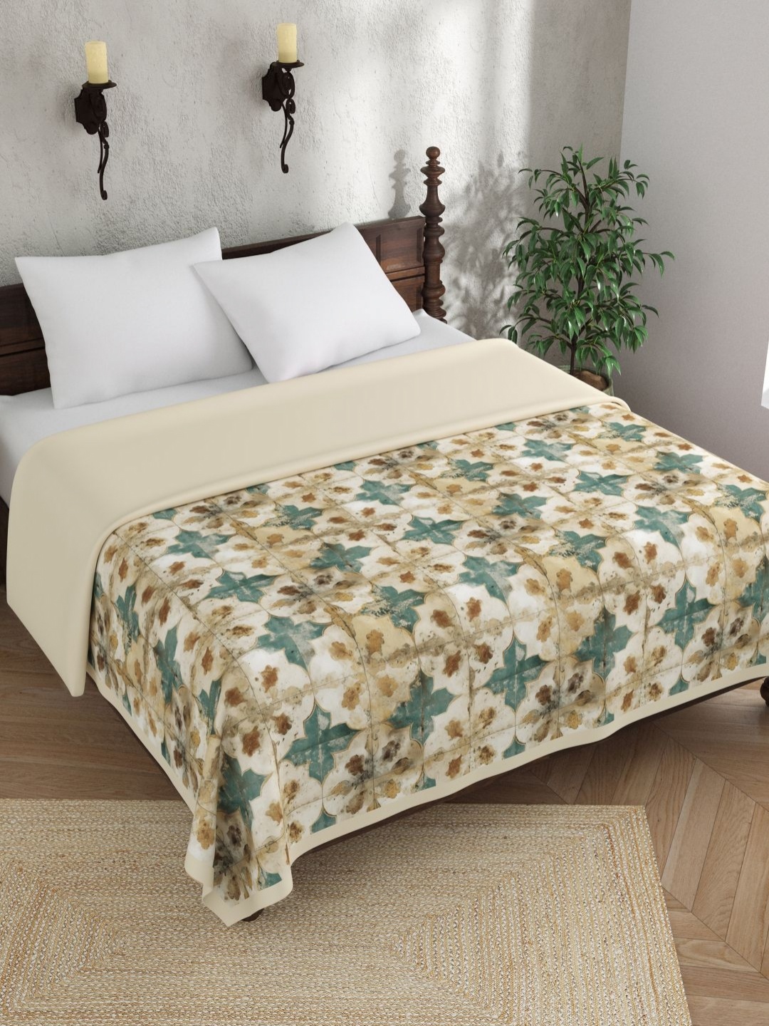 

EverHOME Beige & Green Ethnic Motifs AC Room 150 GSM Cotton Double Bed Dohar