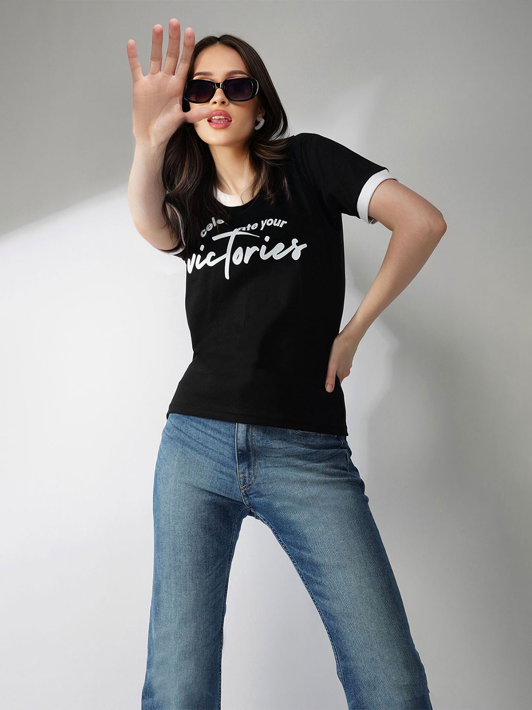 

Lagashi Women Typography Printed Round Neck Pure Cotton T-shirt, Black