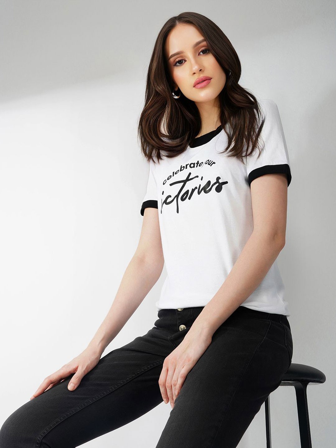 

Lagashi Women Typography Printed Polo Collar Monochrome T-shirt, White