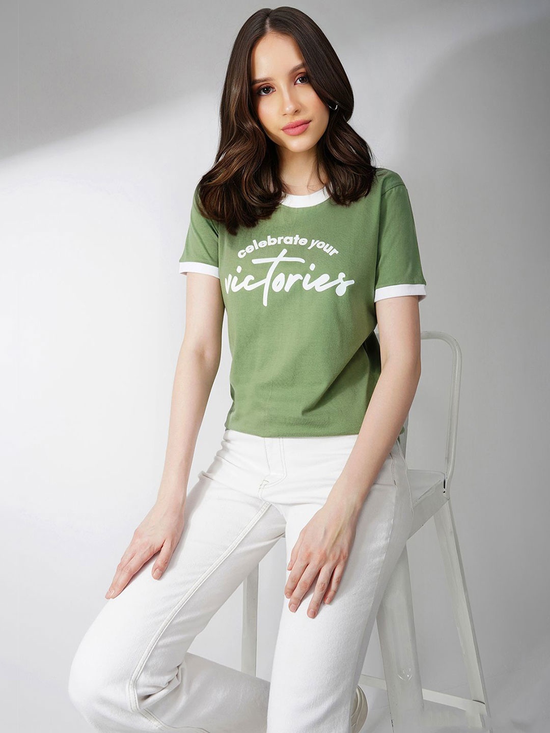 

Lagashi Women Typography Printed Round Neck Pure Cotton T-shirt, Green