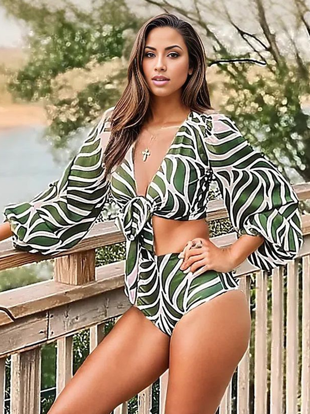 

FIESTA RESORTWEAR Geometric Printed Swim Set, Green
