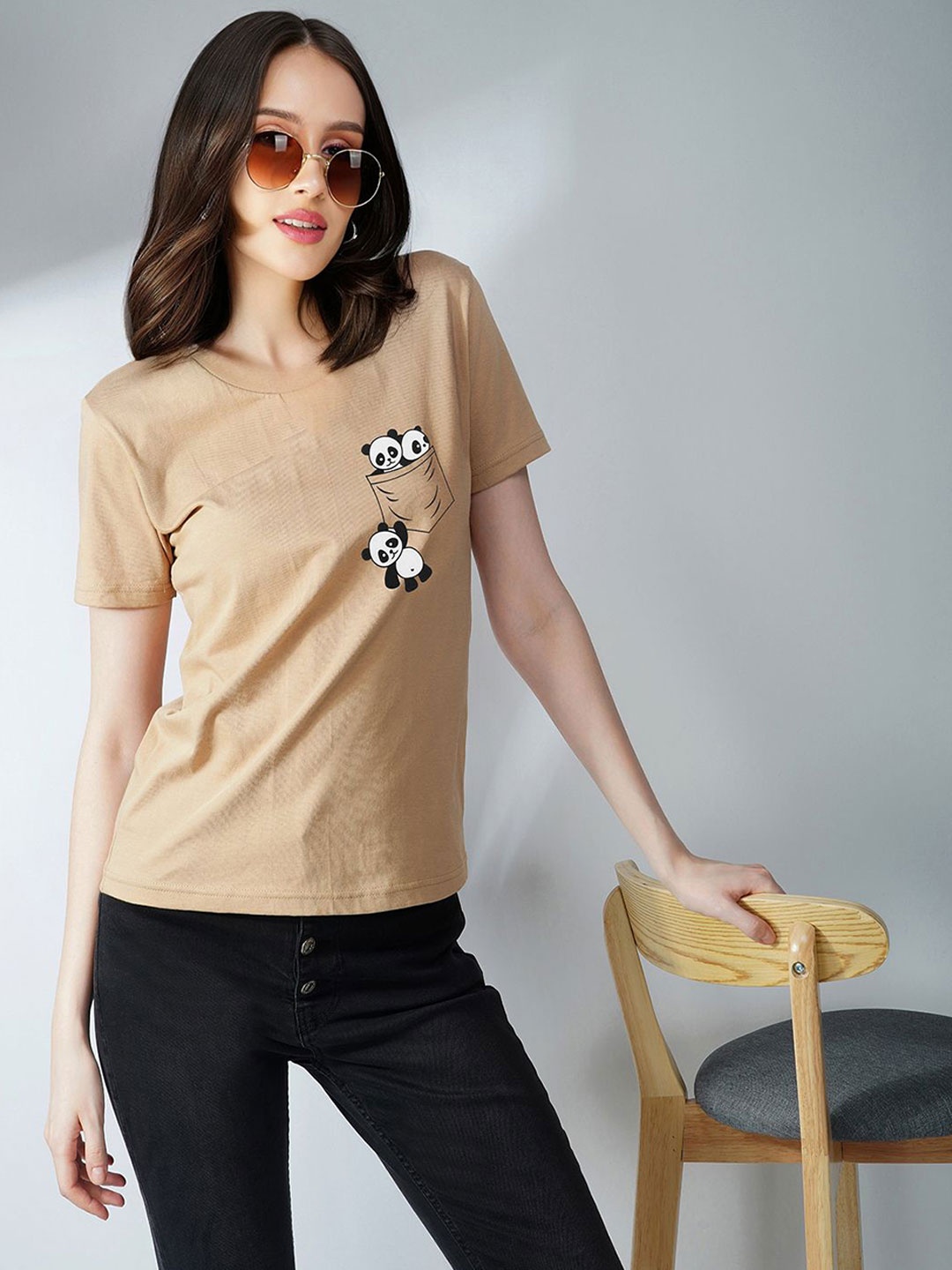 

Lagashi Women Graphic Printed Round Neck Pure Cotton T-shirt, Brown