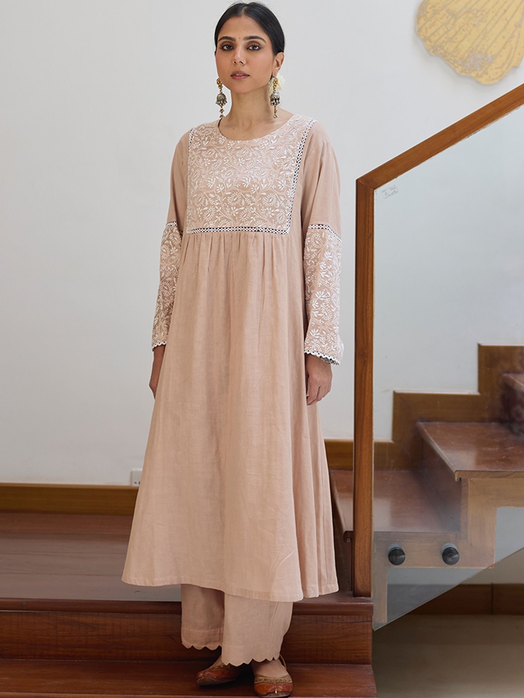 

VASSTRAM Ethnic Motifs Yoke Design Thread Work Pure Cotton A-Line Kurta, Beige