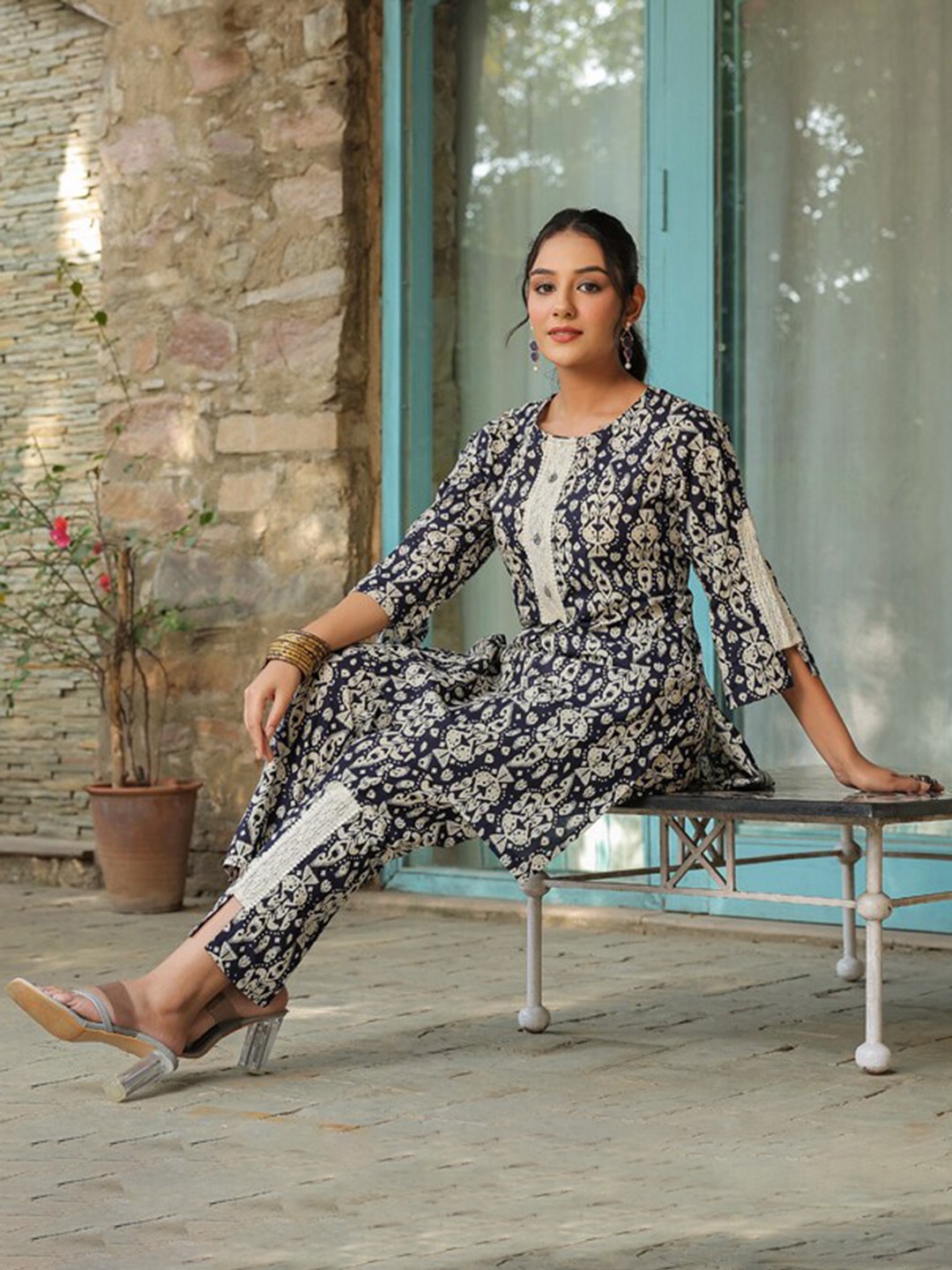 

Rain & Rainbow Printed Pure Cotton Tunic With Trouser, Navy blue
