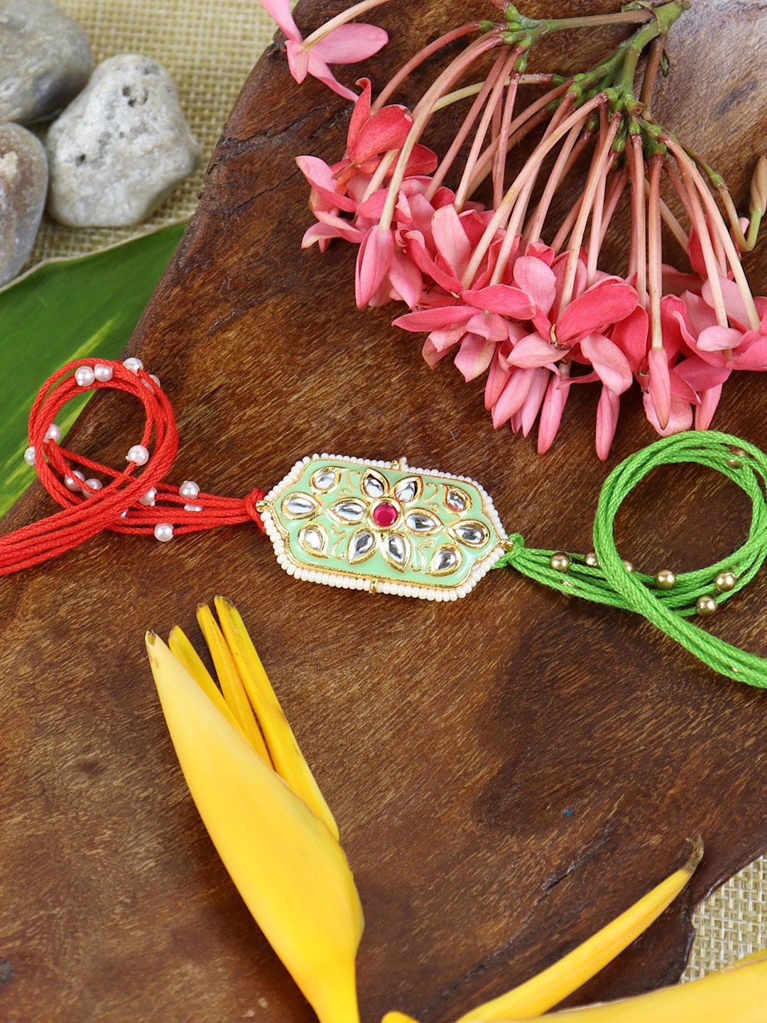 

Asthetika Kundan Stone Studded Rakhi with Roli Chawal, Green