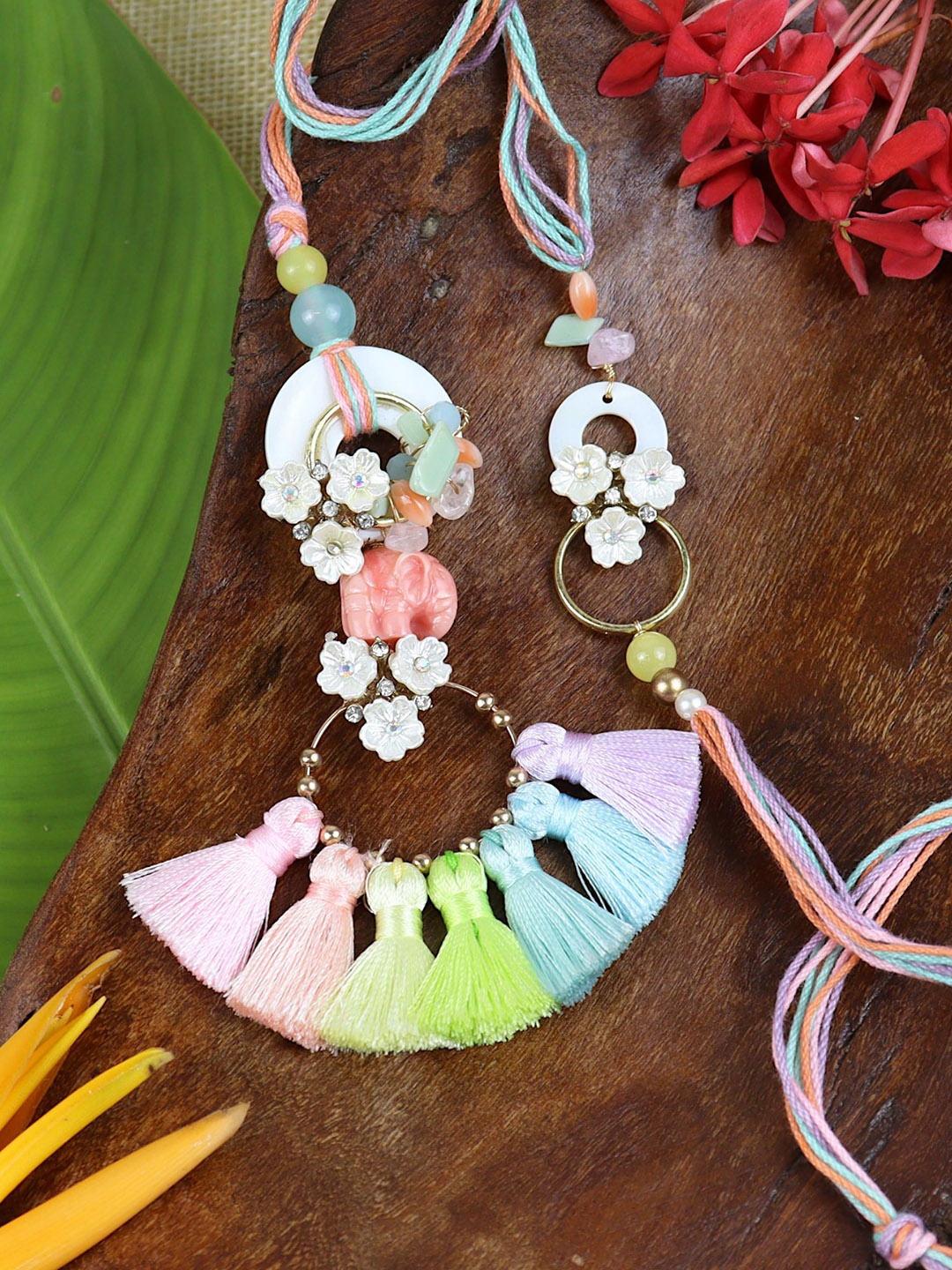 

Asthetika Set Of 2 Elephant Stone Thread Bhaiya Bhabhi Rakhi With Roli Chawal, Pink