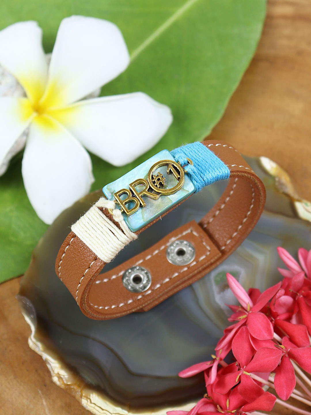 

Asthetika BRO #1 Leather Bracelet Rakhi With Roli Chawal, Camel brown