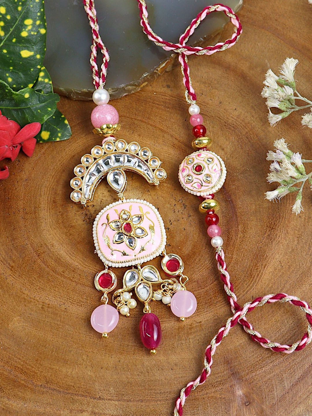 

Asthetika Kundan Stone Studded Bhaiya Bhabhi Rakhis with Roli Chawal, Pink