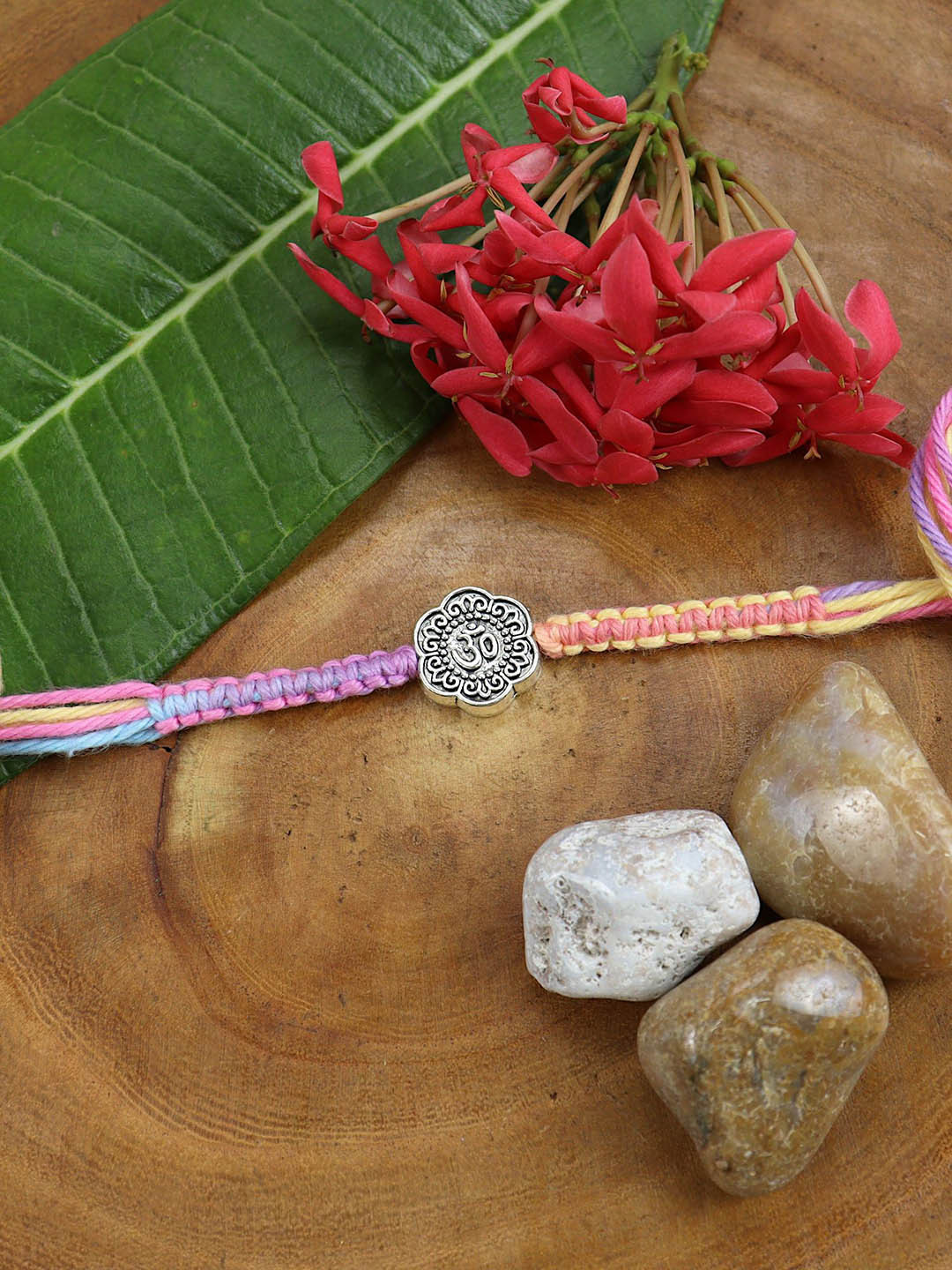 

Asthetika OM Stone Studded Braided Rakhi with Roli Chawal, Pink