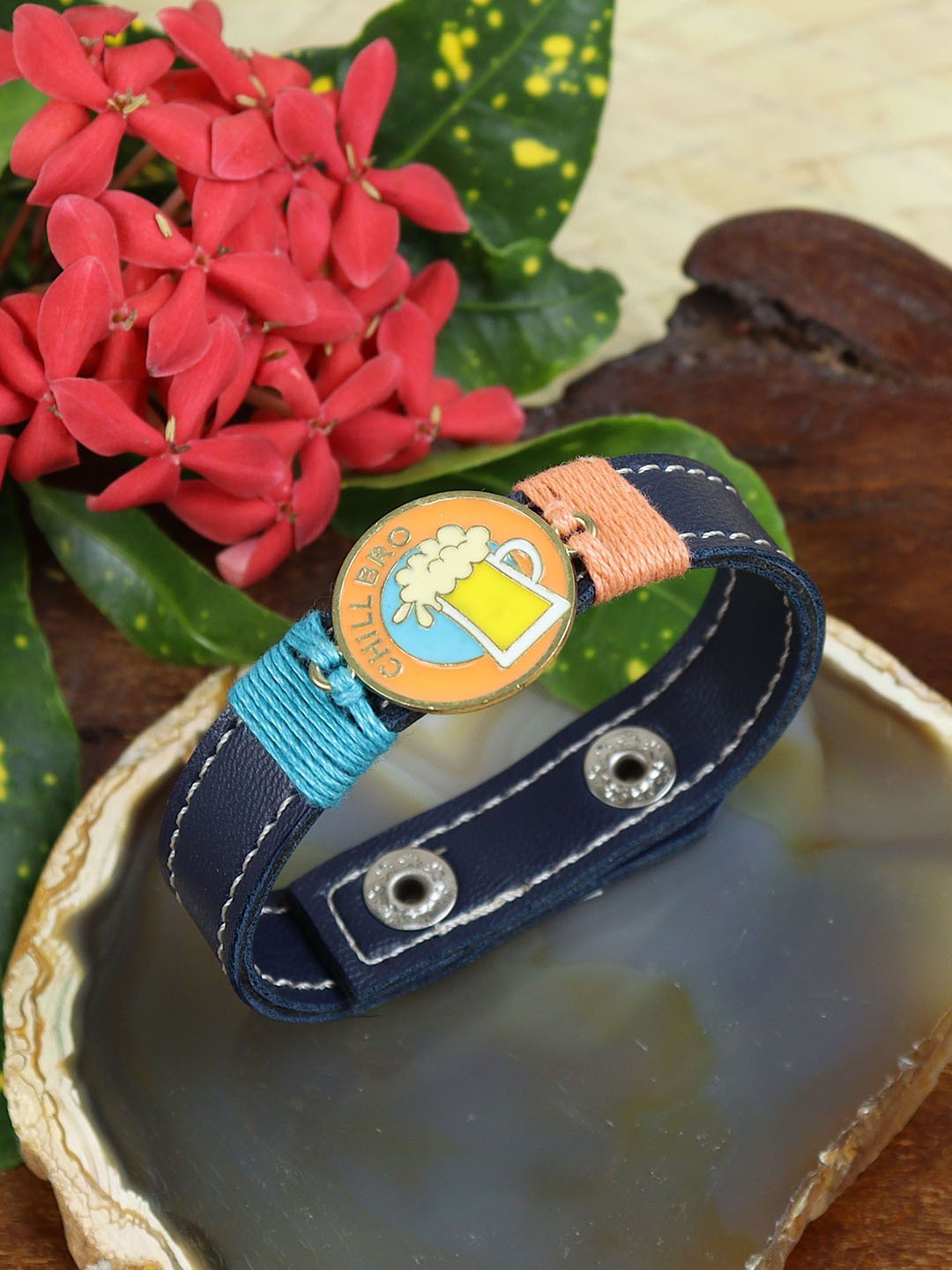 

Asthetika Chill Bro Leather Bracelet Rakhi with Roli Chawal, Blue