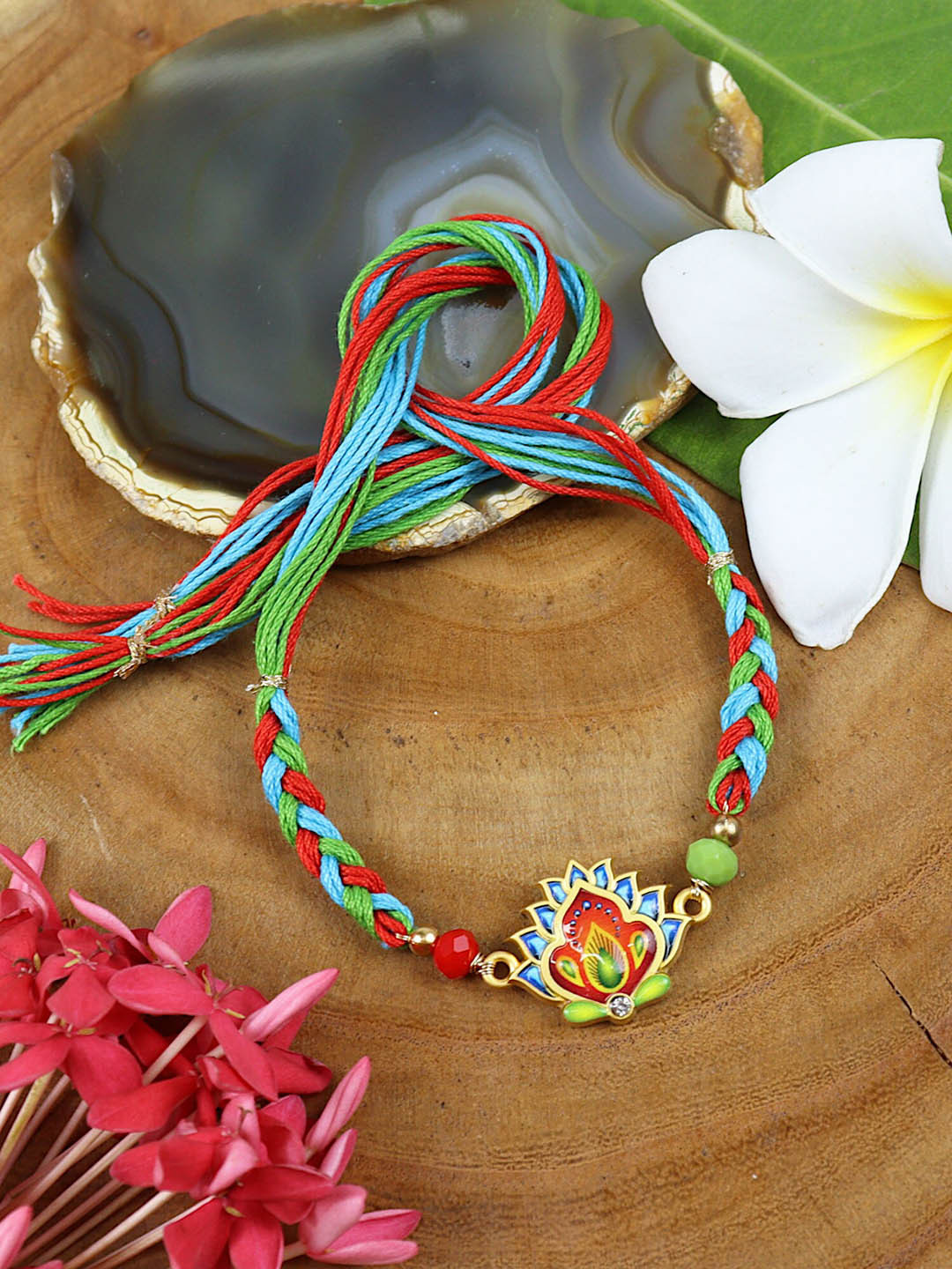 

Asthetika Printed Stone Braided Rakhi With Roli Chawal, Blue