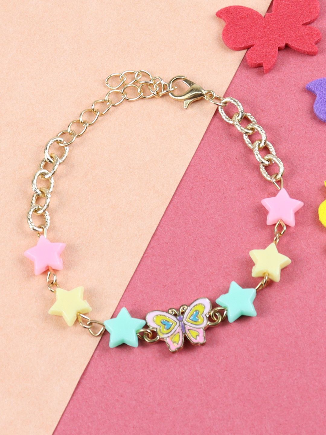 

Asthetika Butterfly Charm Stars Bracelet Rakhi with Roli Chawal, Pink