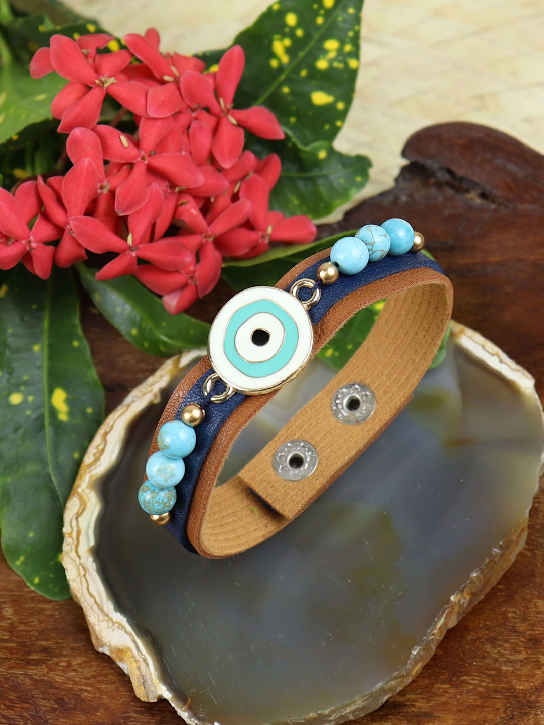 

Asthetika Evil Eye Beaded Leather Bracelet Rakhi with Roli Chawal, Blue