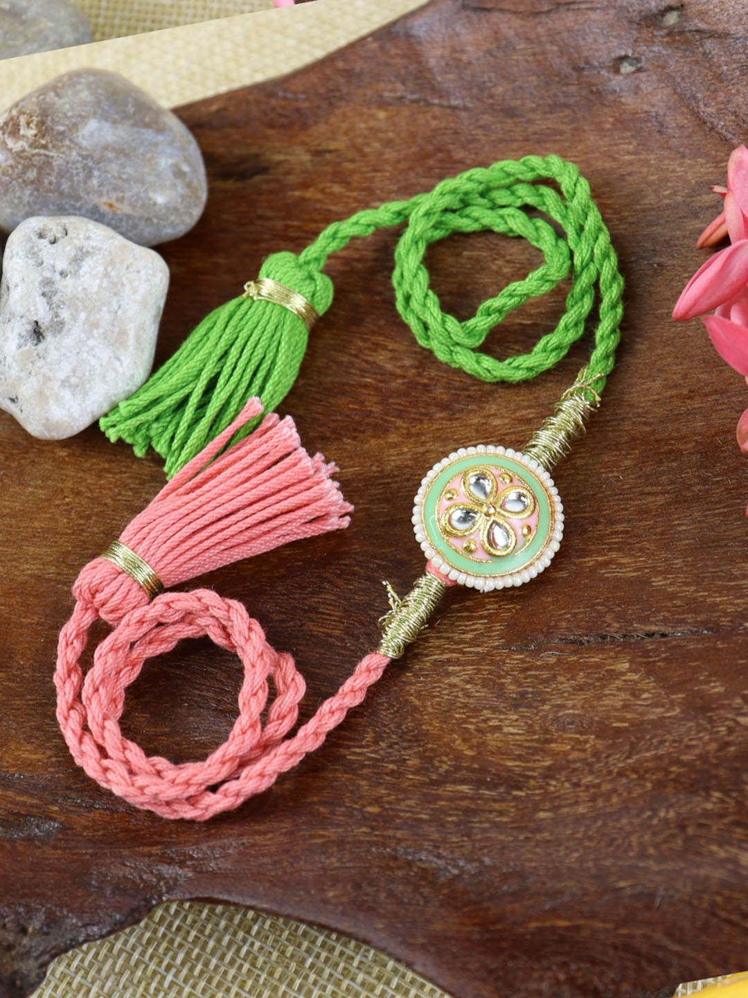 

Asthetika Kundan Stone Studded Braided Fancy Tassel Rakhi with Roli Chawal, Pink