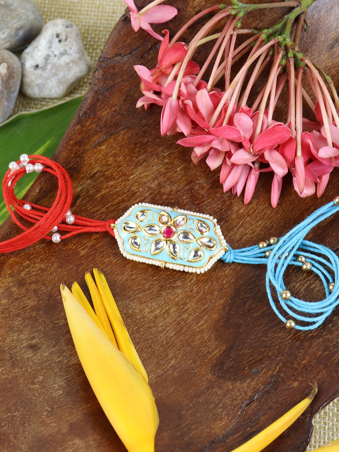 

Asthetika Kundan Stone Studded Rakhi with Roli Chawal, Blue