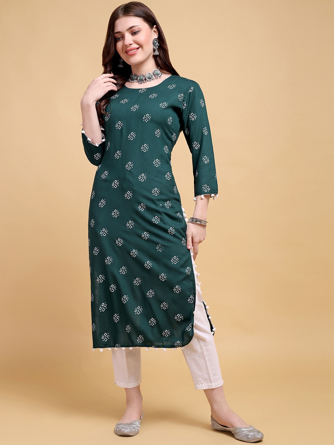 

JAFFRY EMBROIDERY Women Ethnic Motifs Mirror Work Indie Prints Kurta, Green