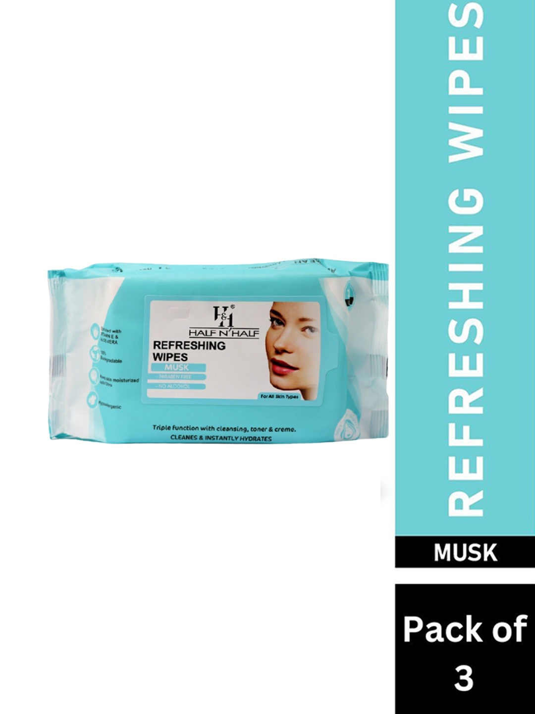 

Half N Half Set Of 3 Refreshing Wipes - Musk - 25Pcs Each, Blue