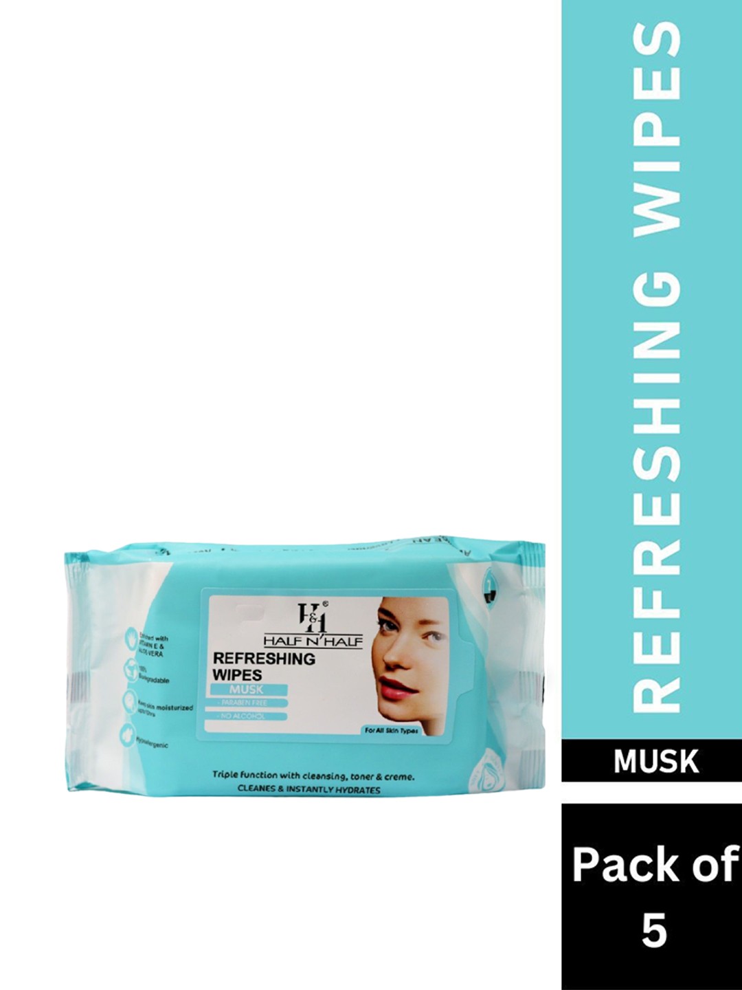 

Half N Half Set Of 5 Refreshing Wipes - Musk - 25Pcs Each, Blue