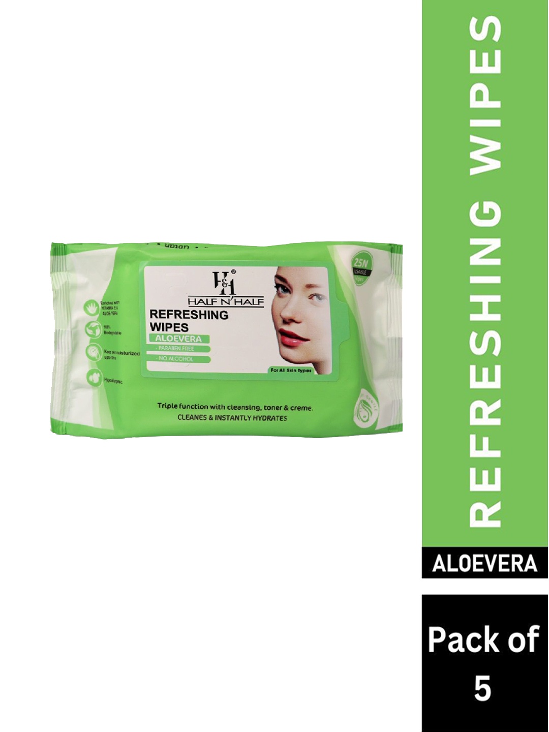 

Half N Half Set Of 5 Refreshing Wipes - Aloe Vera - 25Pcs Each, Green