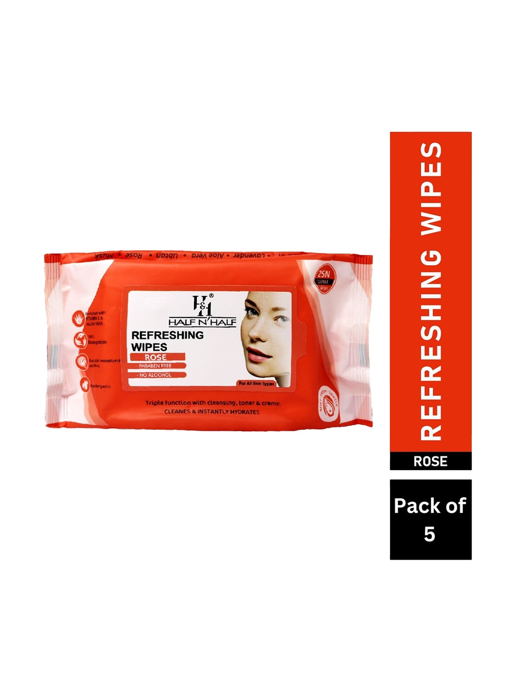 

Half N Half Set Of 5 Refreshing Wipes - Rose - 25Pcs Each, Red