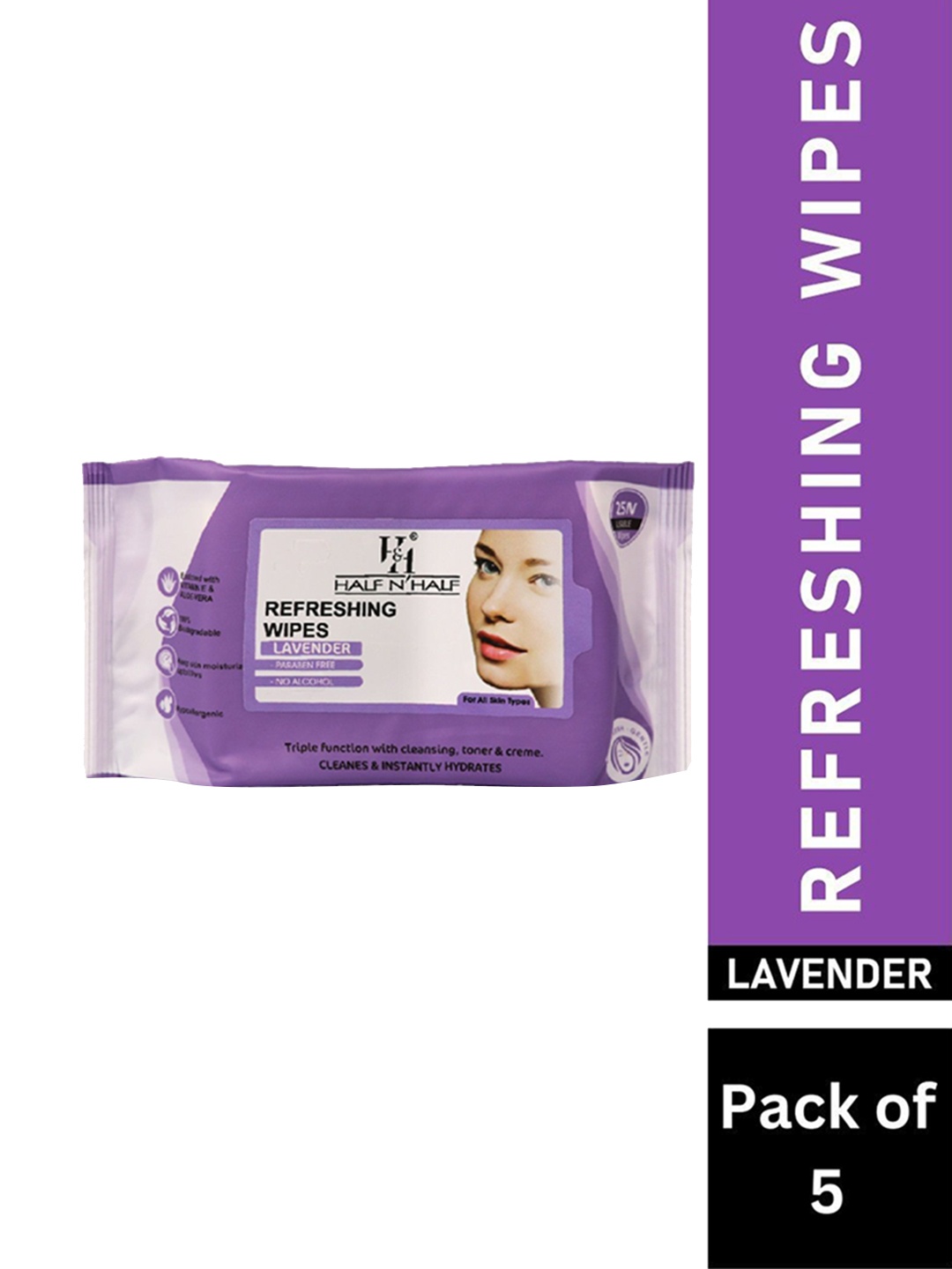 

Half N Half Set Of 5 Refreshing Wipes - Lavender - 25Pcs Each, Purple