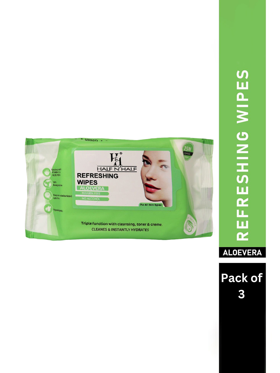 

Half N Half Set Of 3 Refreshing Wipes - Aloe Vera - 25Pcs Each, Green