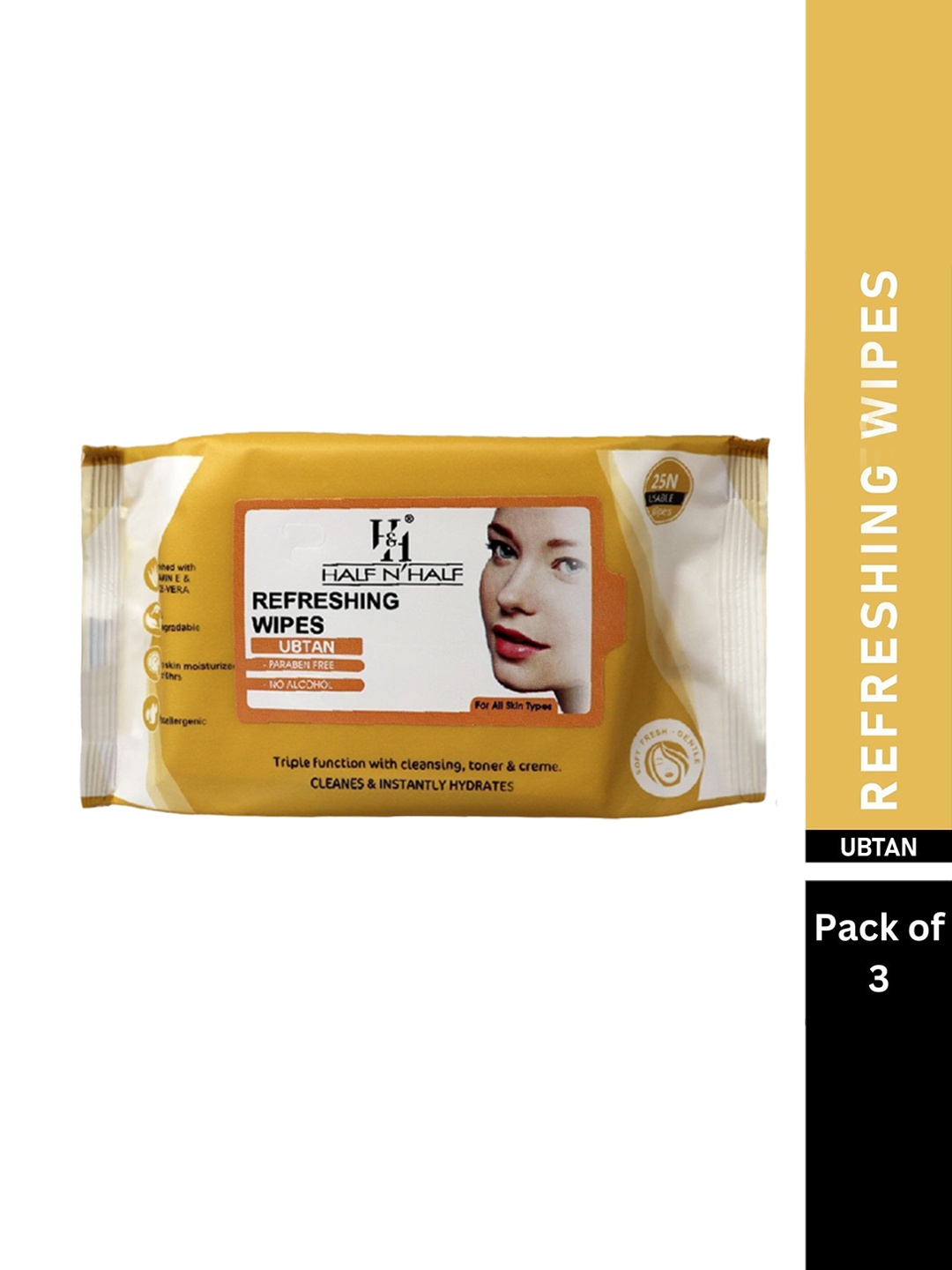 

Half N Half Set Of 3 Refreshing Wipes - Ubtan - 25Pcs Each, Yellow