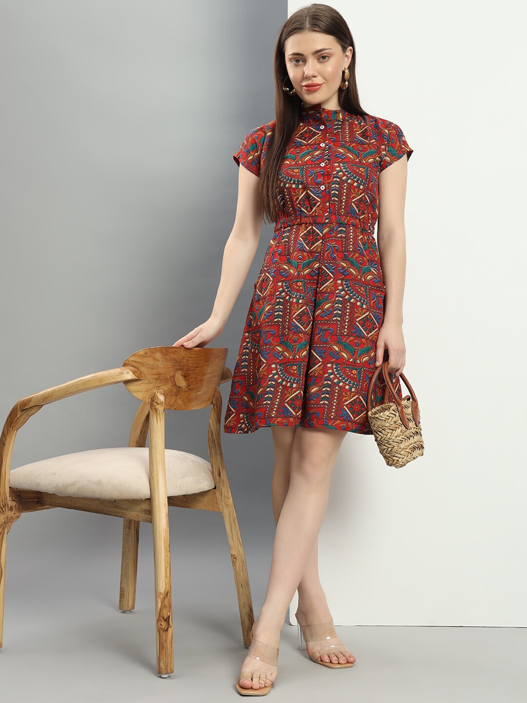 

ADDYVERO Ethnic Motifs Print Fit and Flare Dress, Brown