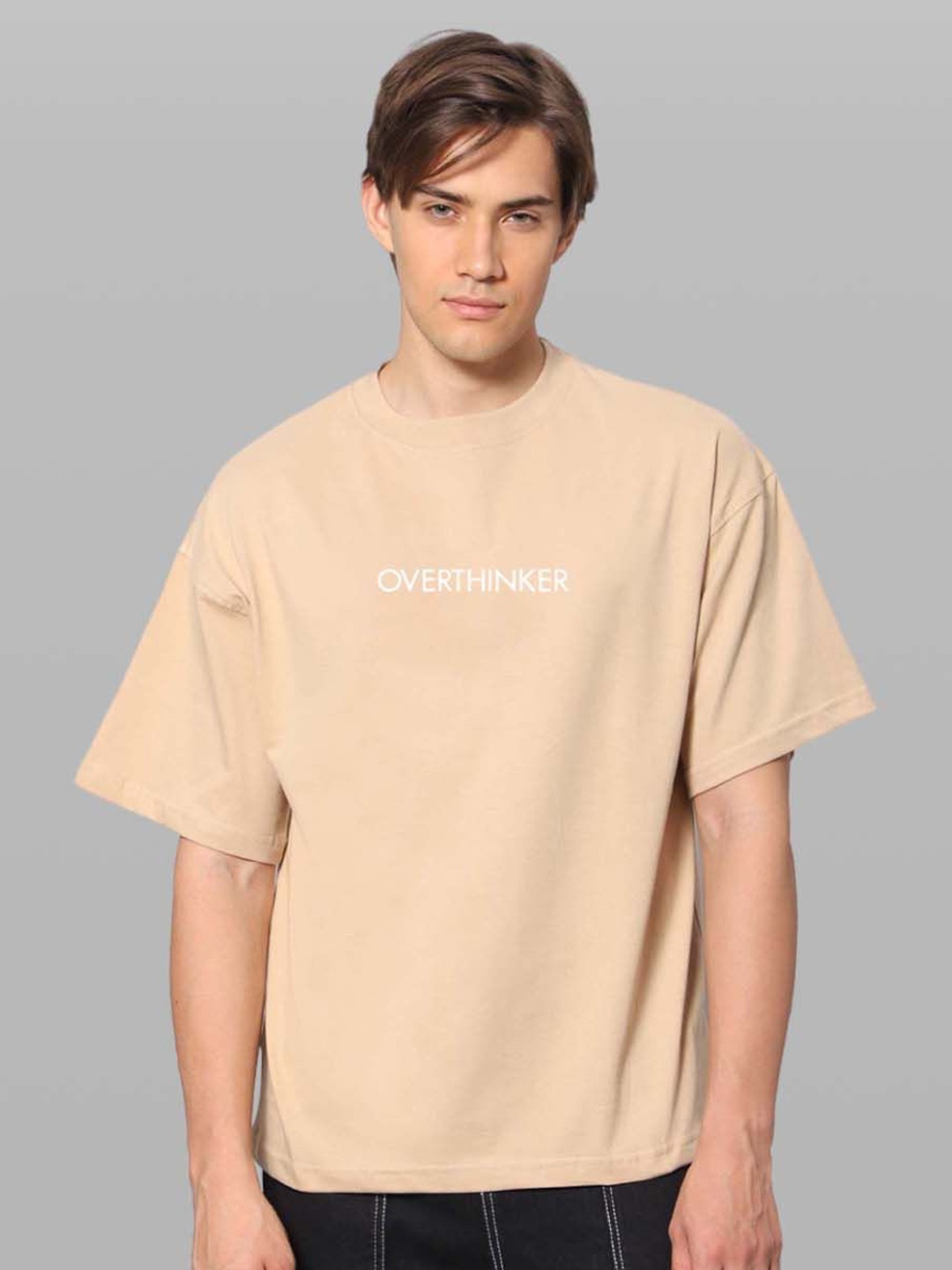 

Besick Men Typography Printed Drop Shoulder Sleeves Oversized T-shirt, Beige