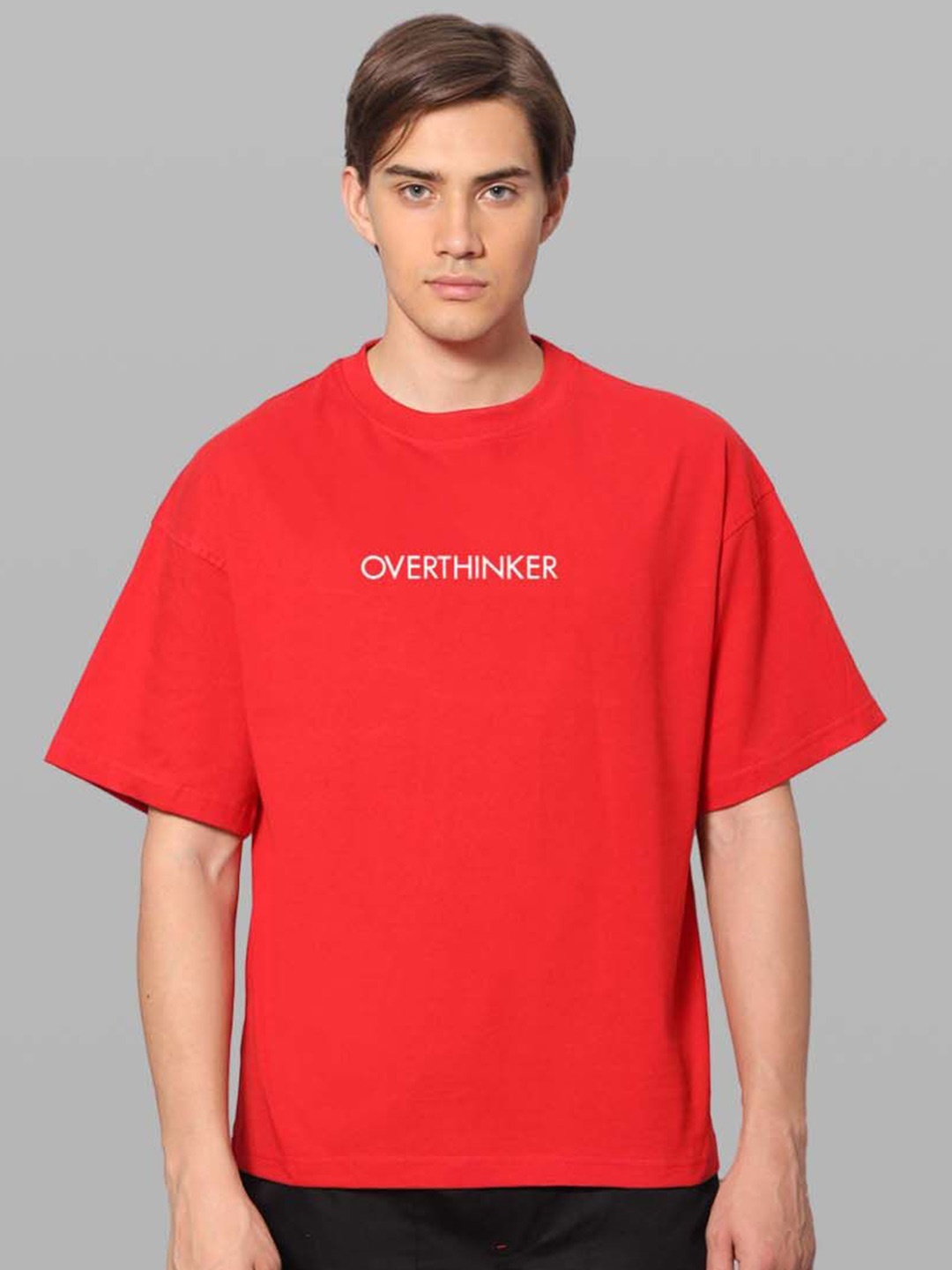 

Besick Men Typography Printed Drop Shoulder Sleeves Oversized T-shirt, Red