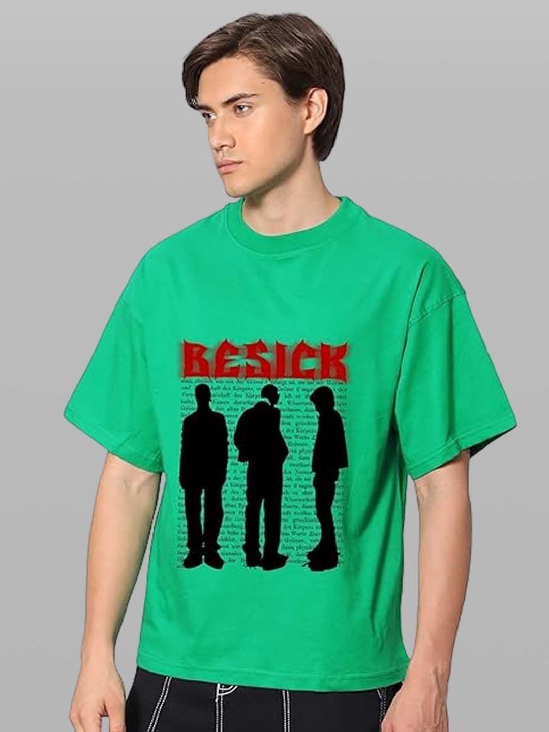 

Besick Men Typography Printed Round Neck Oversized T-shirt, Green