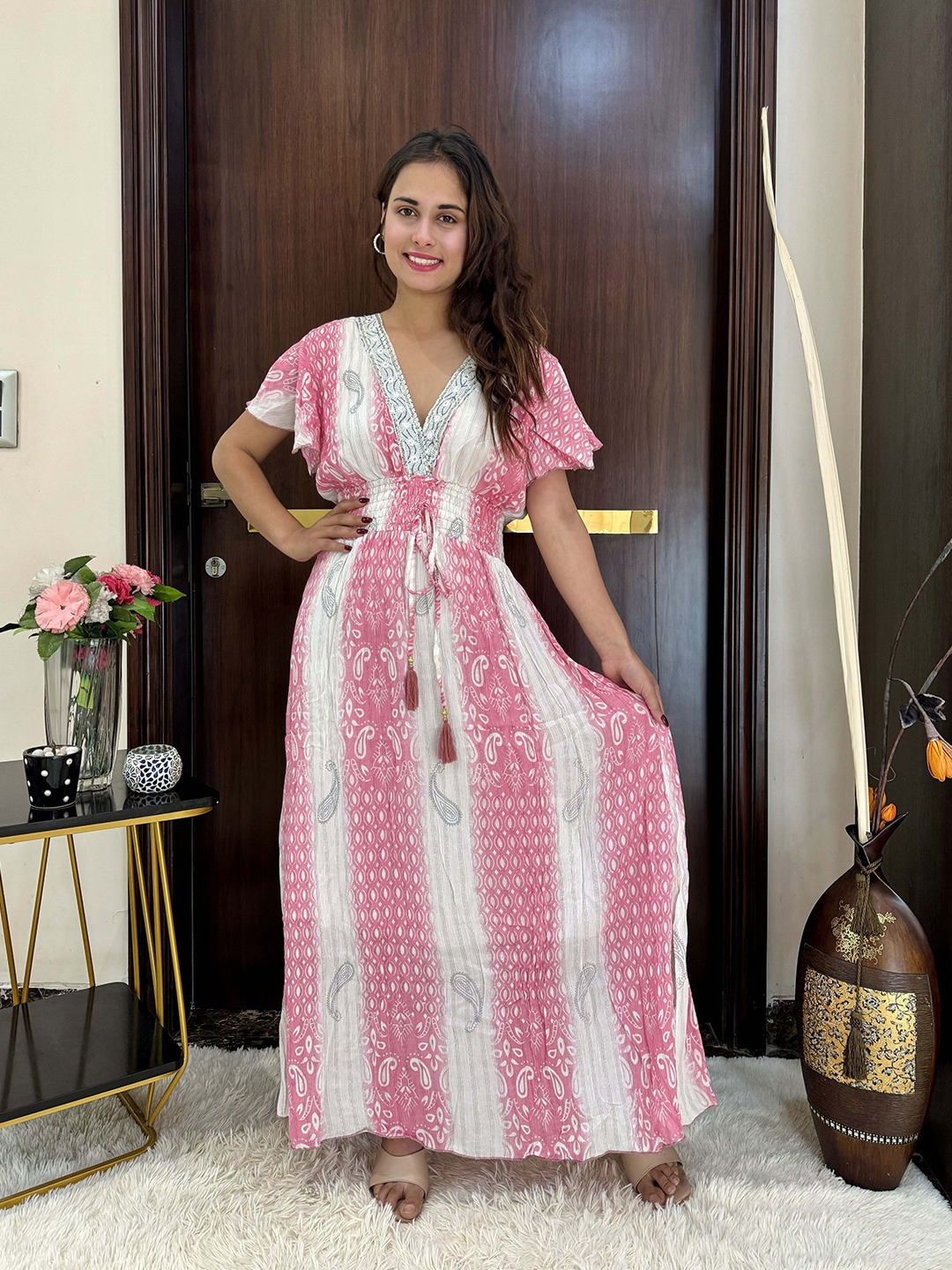 

smisingbee Embroidery V-Neck Flutter Sleeves Maxi Dress, Pink