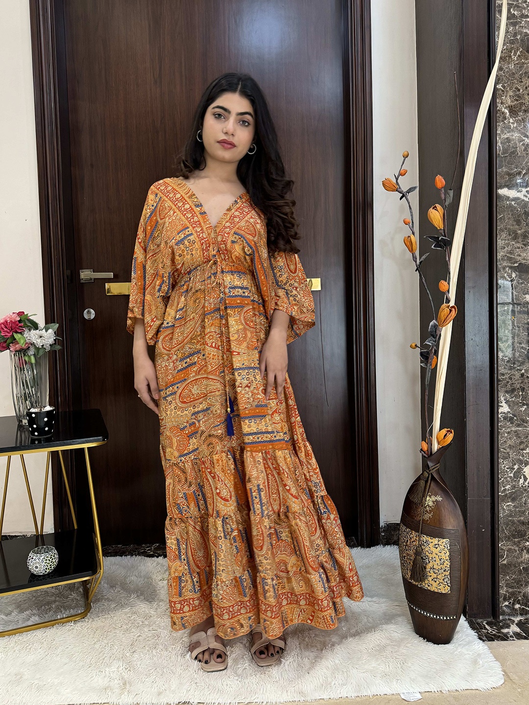 

smisingbee Ethnic Motifs Print Kimono Sleeves Maxi Dress, Orange