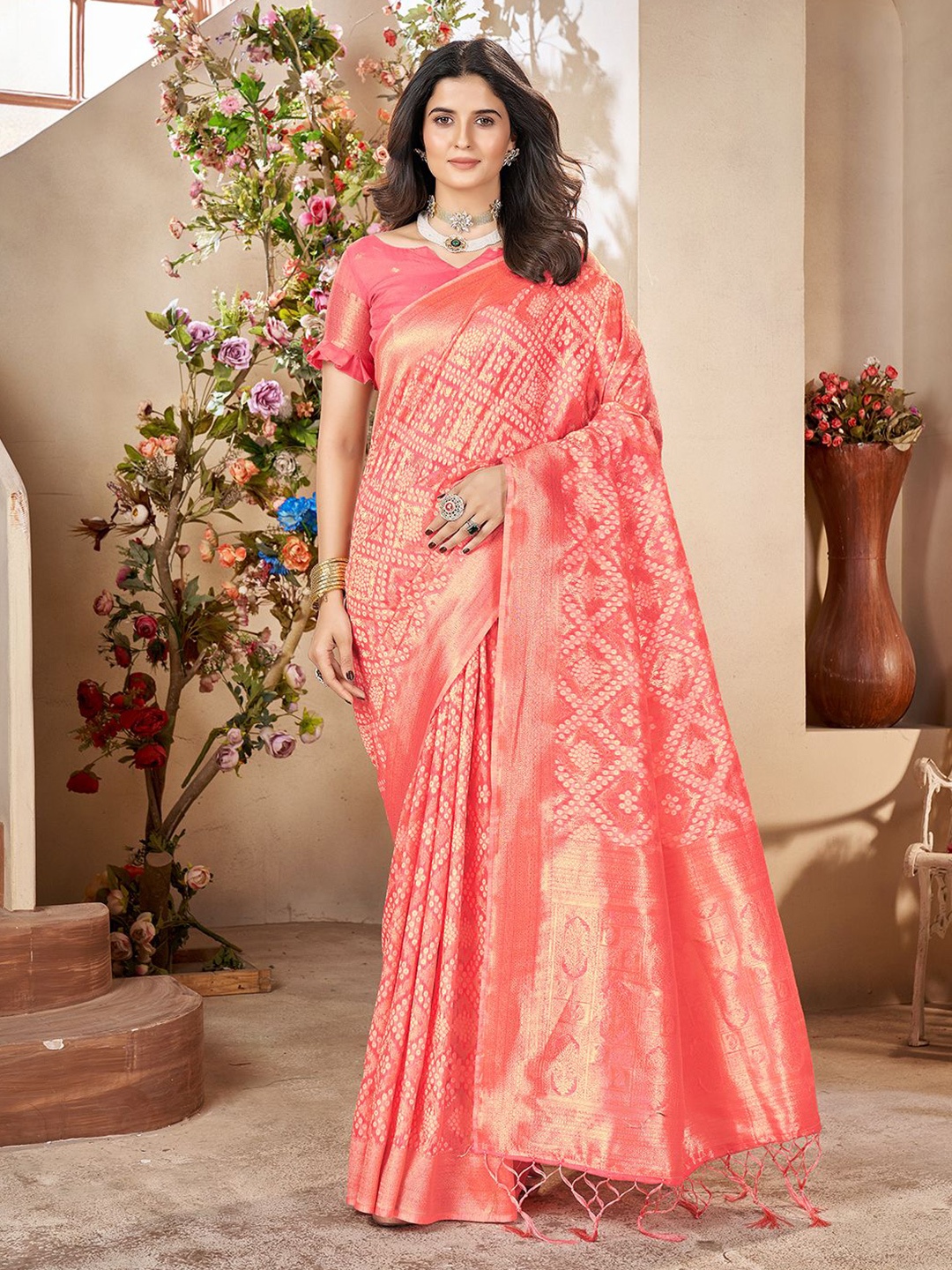 

Mehrang Woven Design Zari Pure Cotton Banarasi Saree, Pink