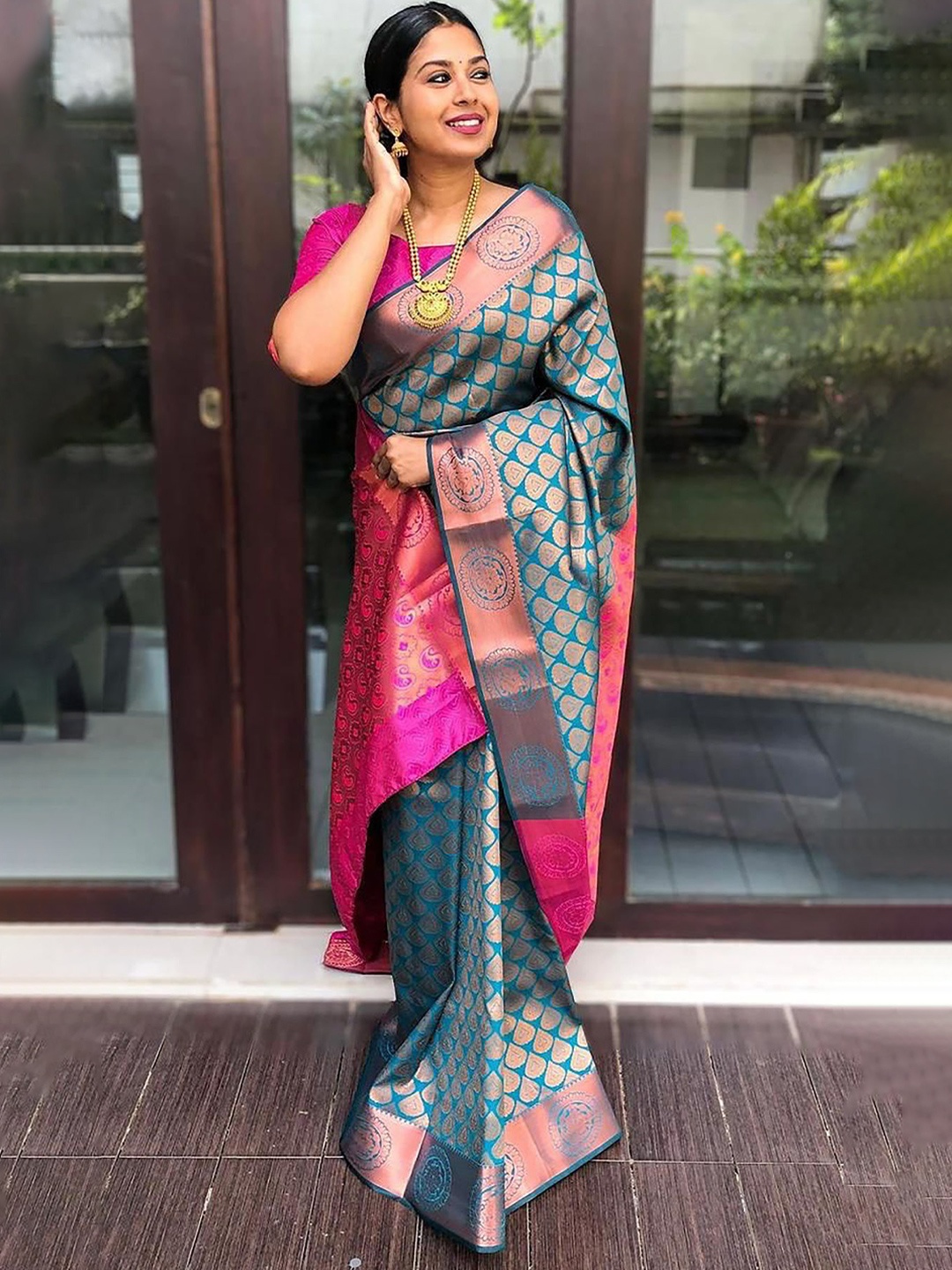 

Anjaneya Sarees Ethnic Motifs Zari Banarasi Saree, Teal