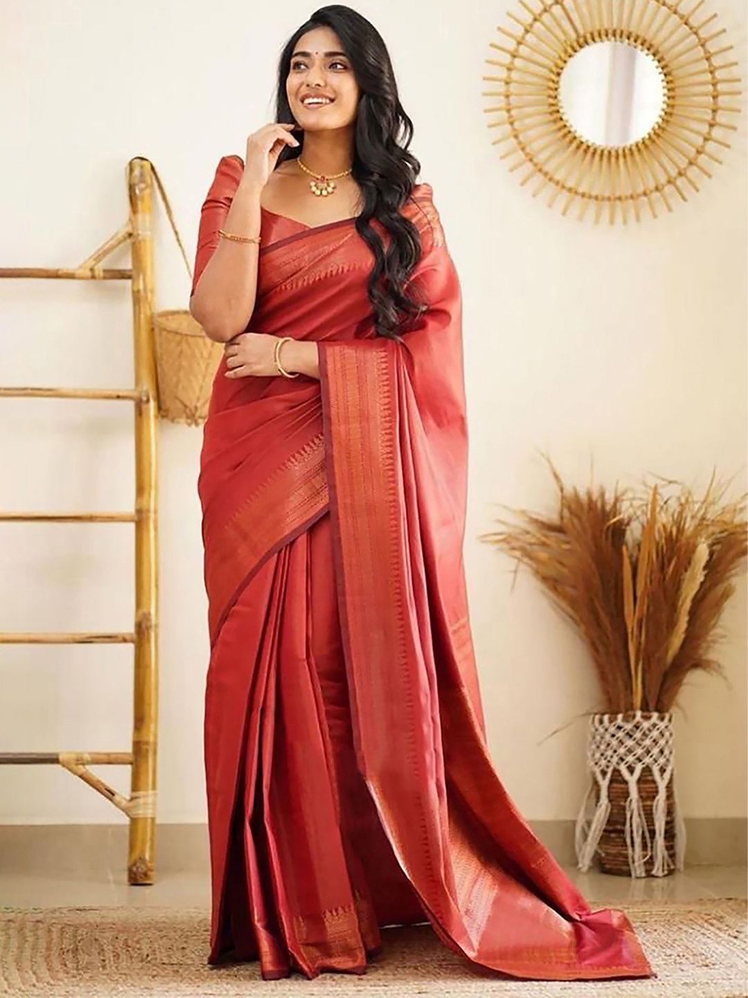 

Anjaneya Sarees Zari Banarasi Saree, Red