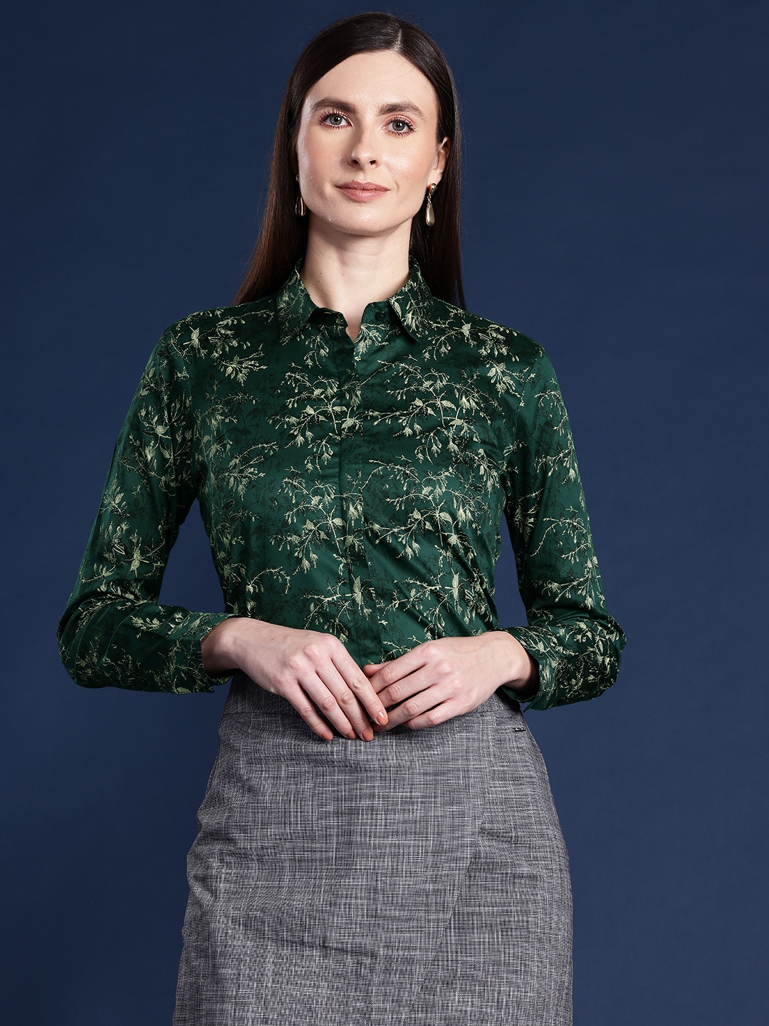 Hancock Floral Printed Pure Cotton Formal Shirt, Green