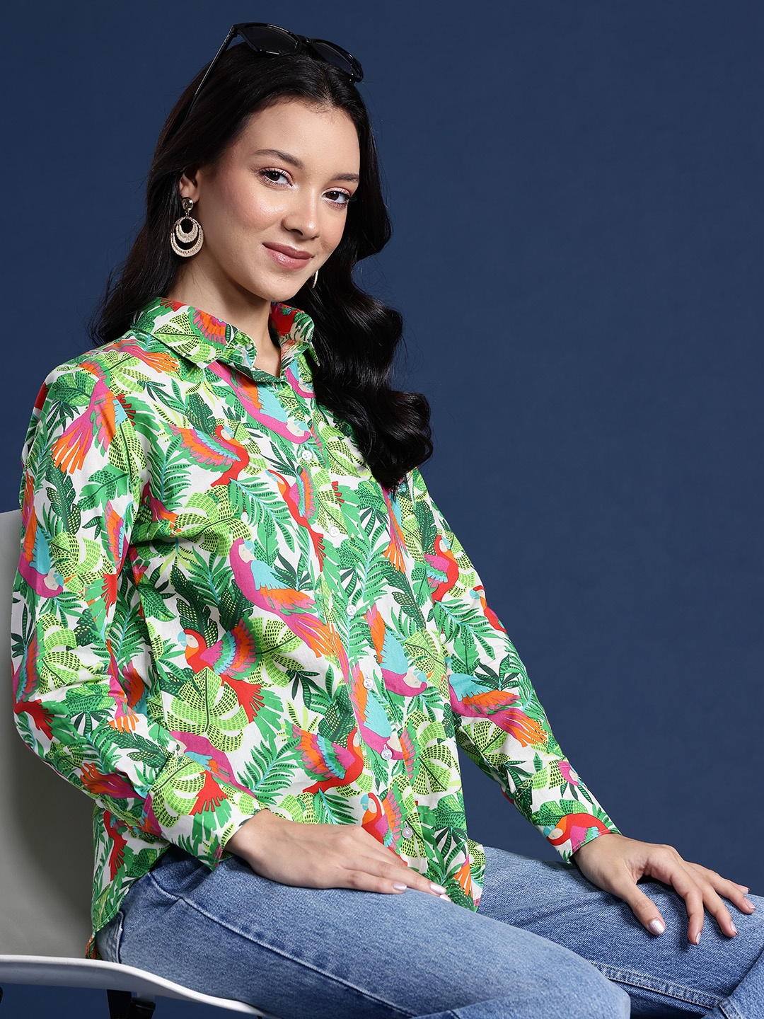 

Hancock Women Tropical Printed Pure Cotton Boyfriend Fit Casual Shirt, Green