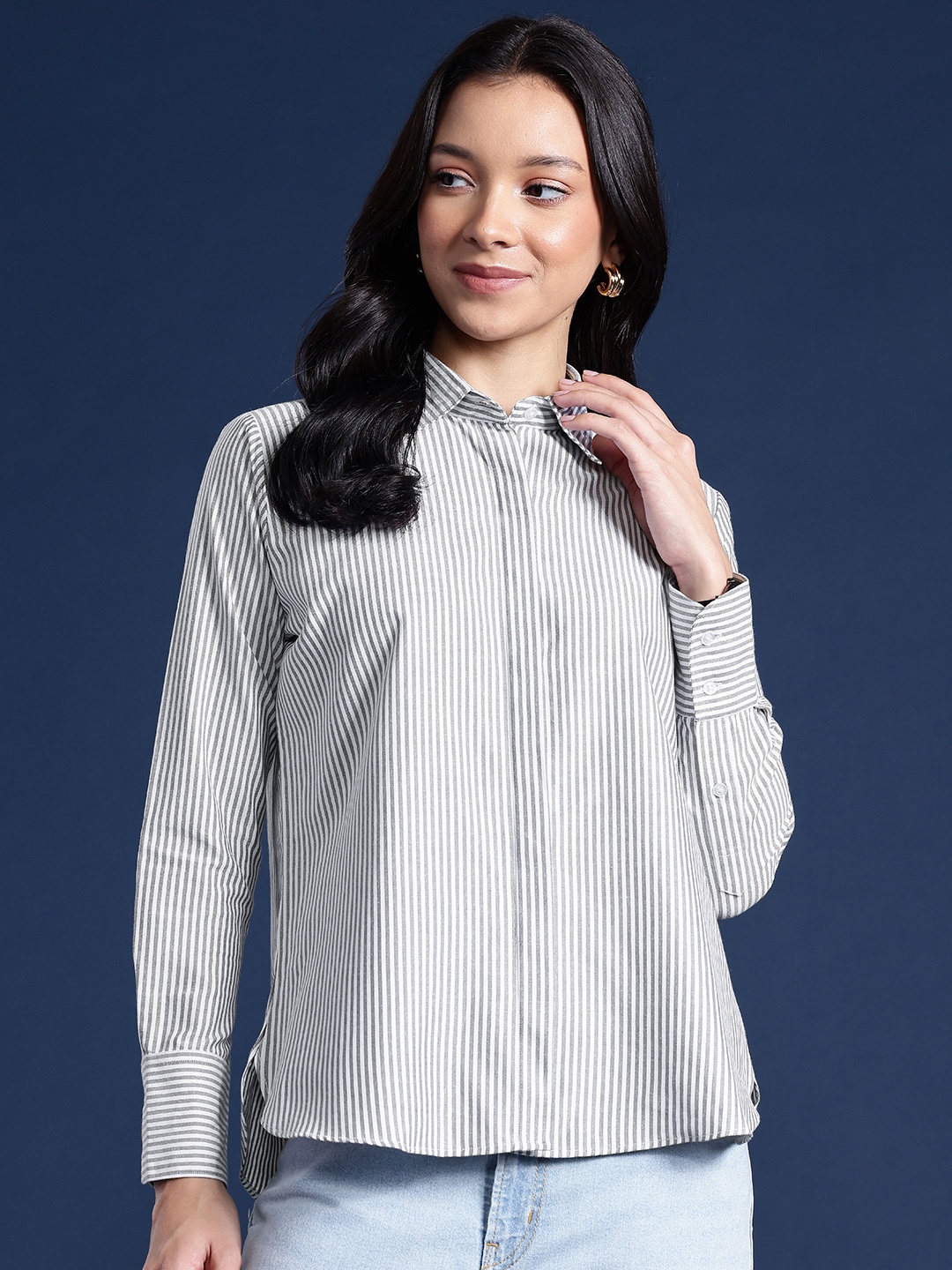 

Hancock Women Candy Striped Wrinkle Resistant Boyfriend Fit Formal Shirt, Grey