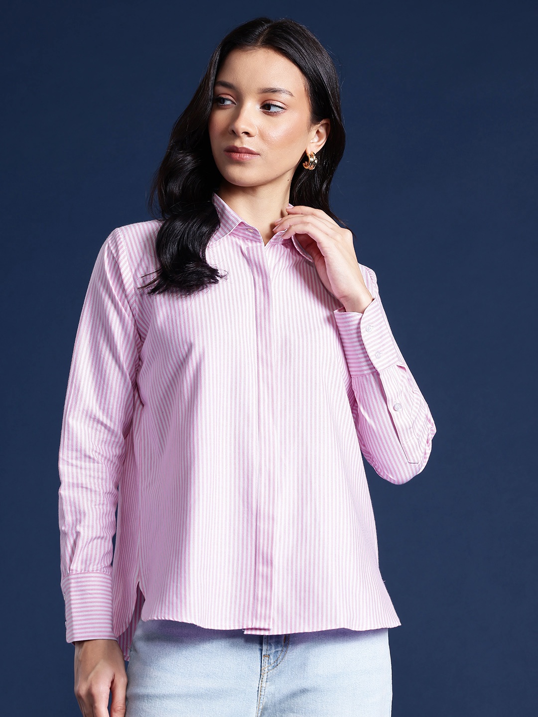 

Hancock Women Candy Pinstriped Wrinkle Resistant Oversized Formal Shirt, Pink