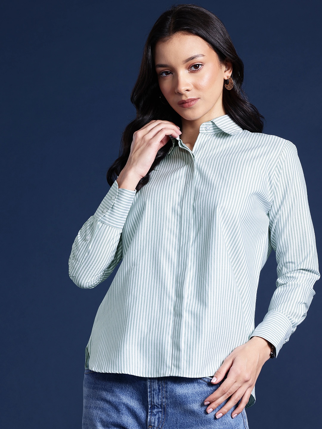 

Hancock Women Candy Striped Wrinkle Resistant Boyfriend Fit Formal Shirt, Green