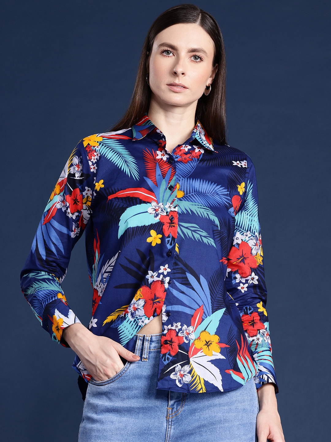 

Hancock Women Floral Printed Pure Cotton Boyfriend Fit Casual Shirt, Navy blue