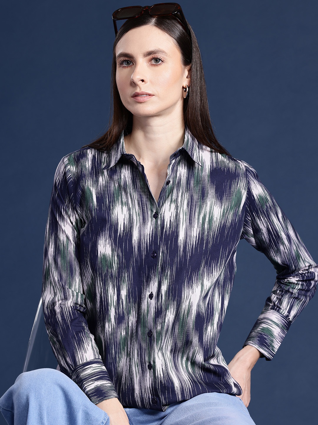 

Hancock Women Abstract Printed Pure Cotton Boyfriend Fit Casual Shirt, Grey