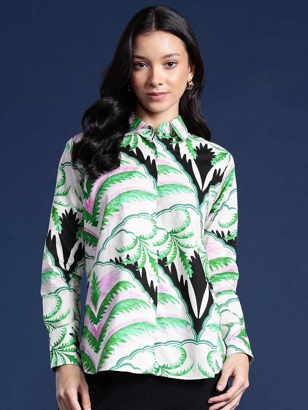 

Hancock Women Tropical Printed Pure Cotton Boyfriend Fit Casual Shirt, Beige