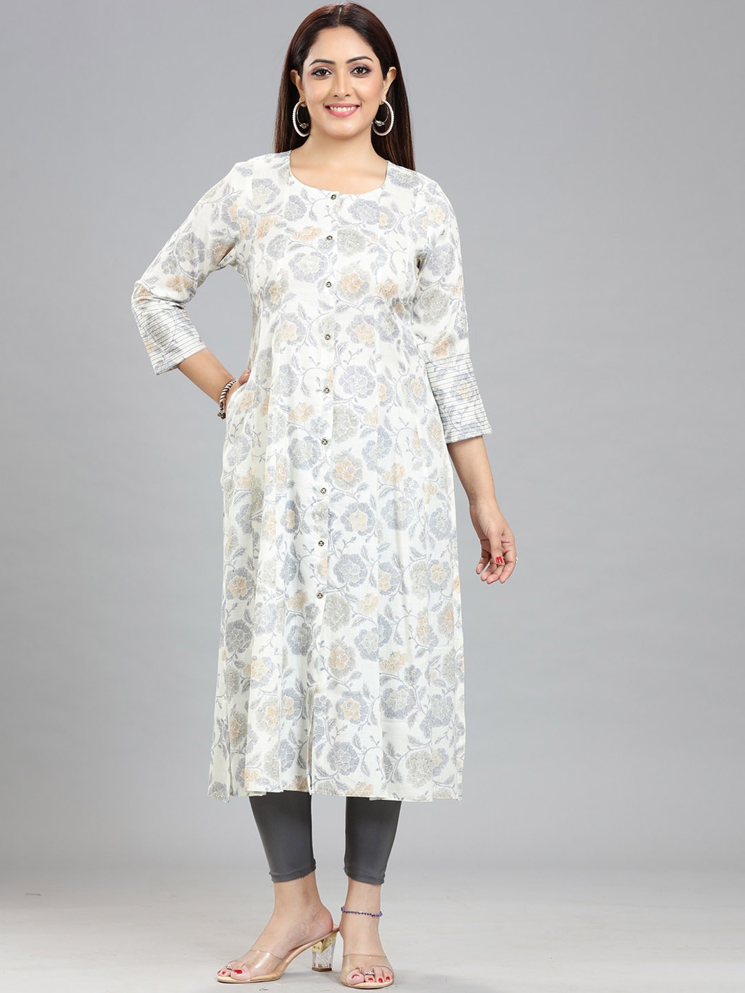 COTTON CULTURE Floral Printed A-Line Kurta, Off white
