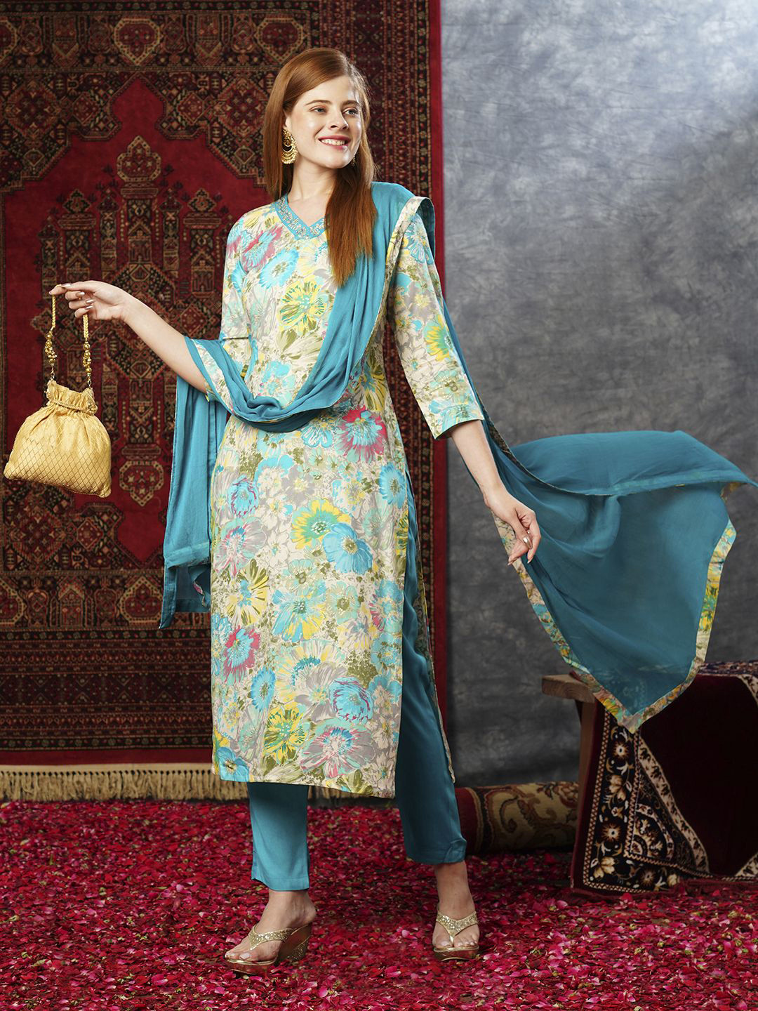 

Anni Designer Floral Printed Straight Thread Work Kurta with Trousers & Dupatta, Turquoise blue