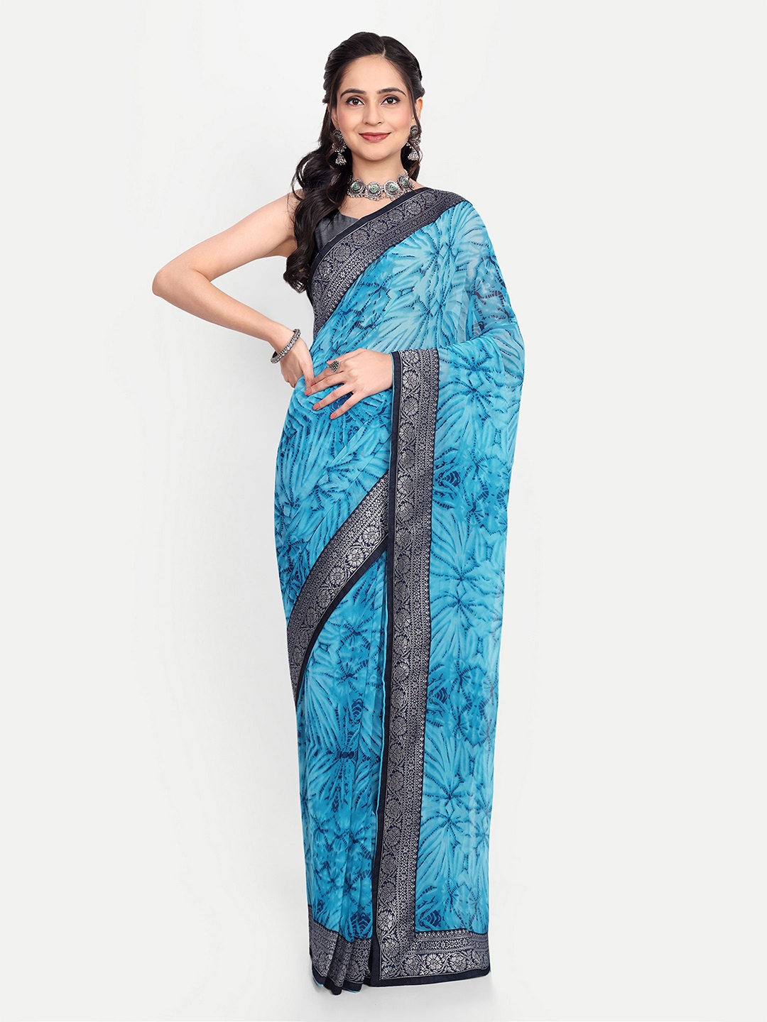

The Textile Hub Printed Zari Saree, Blue