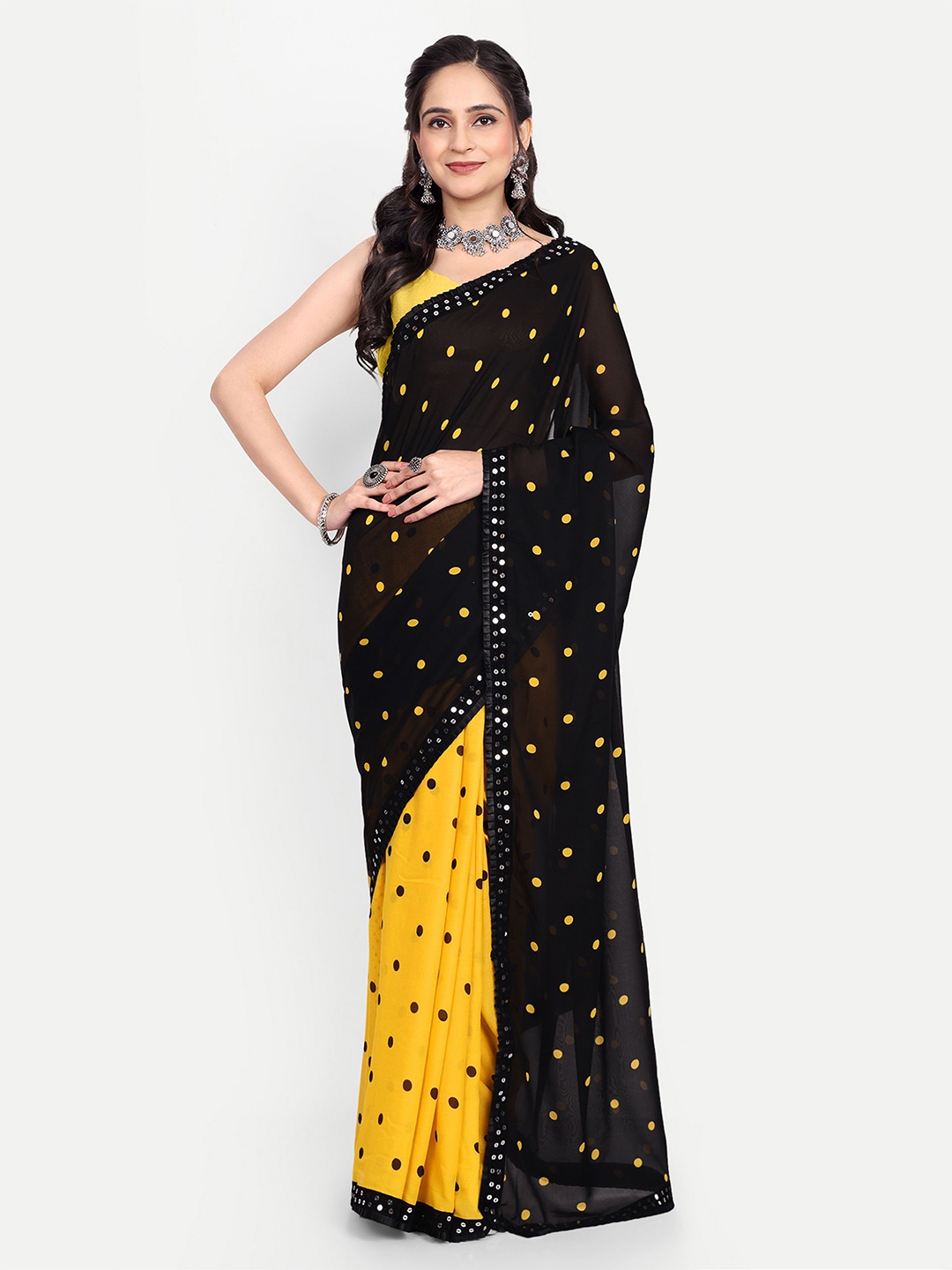 

The Textile Hub Polka Dot Half and Half Saree, Yellow
