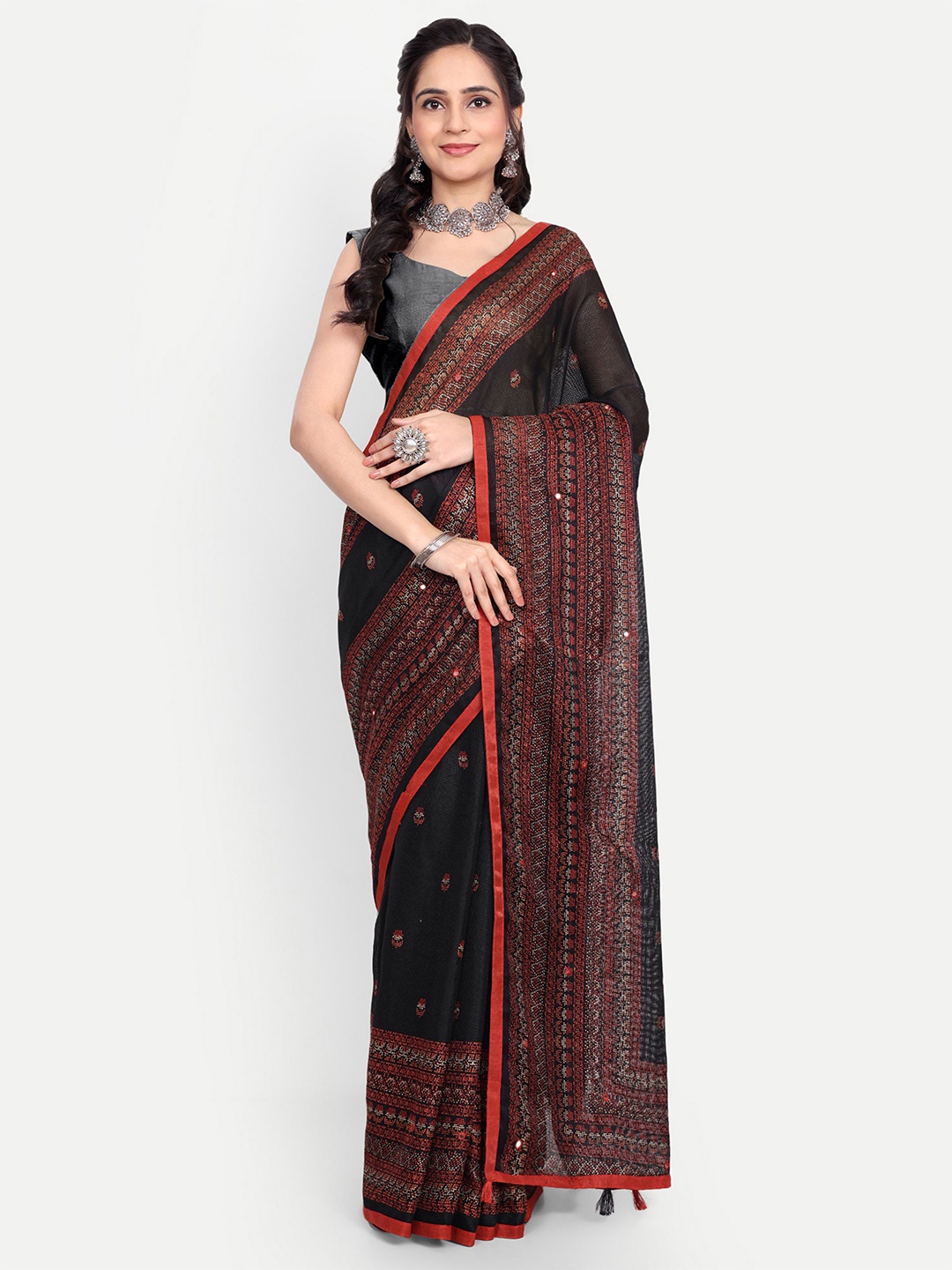 The Textile Hub Mirror Work Leheriya Saree, Black