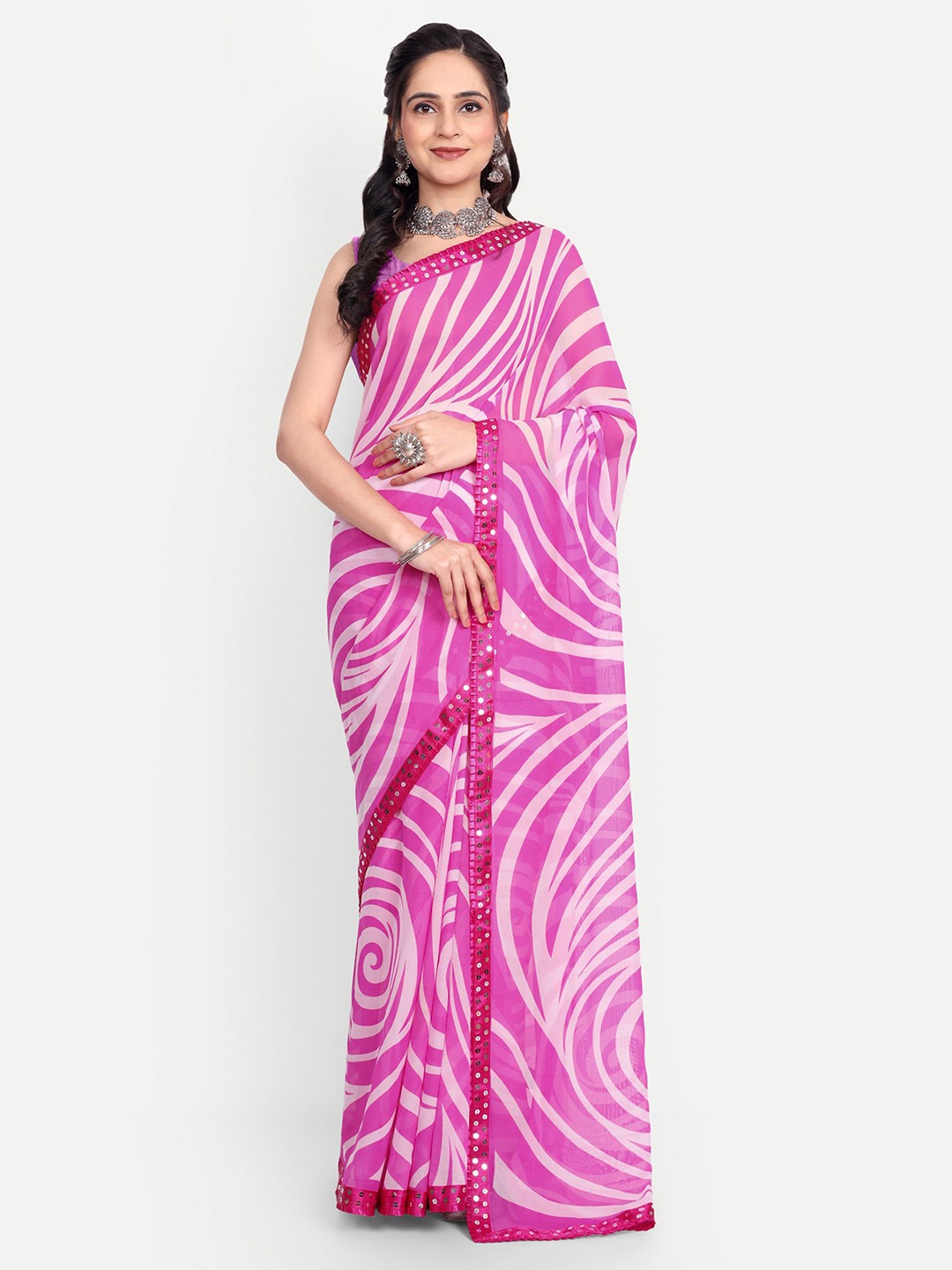 

The Textile Hub Printed Sequinned Leheriya Saree, Pink